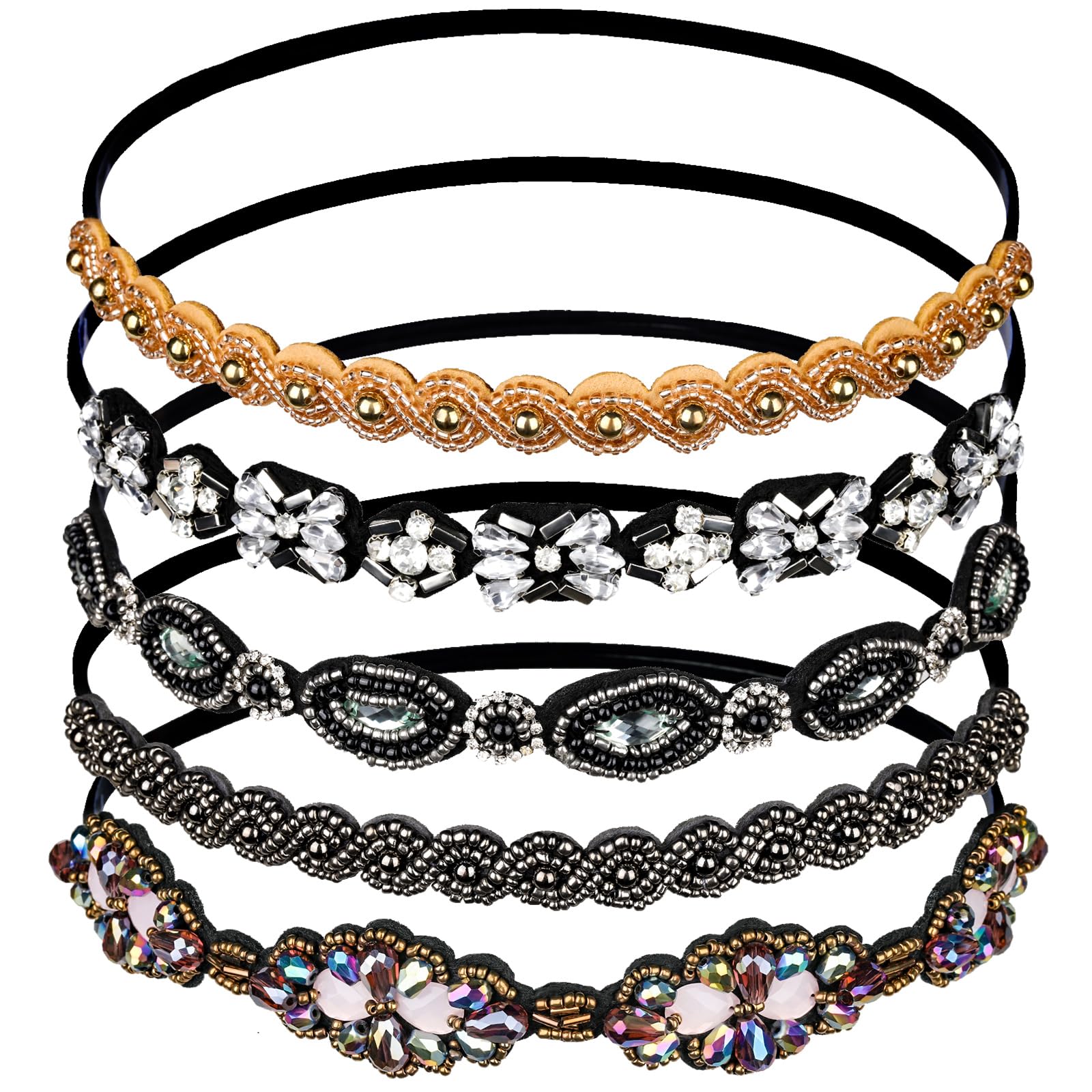 Teenitor Elastic Beaded Headbands for Women & Girls - 5 Pack Crystal Rhinestone Hair Accessories with Jewel Decorations | Perfect for Parties, Weddings, and Everyday Fashion