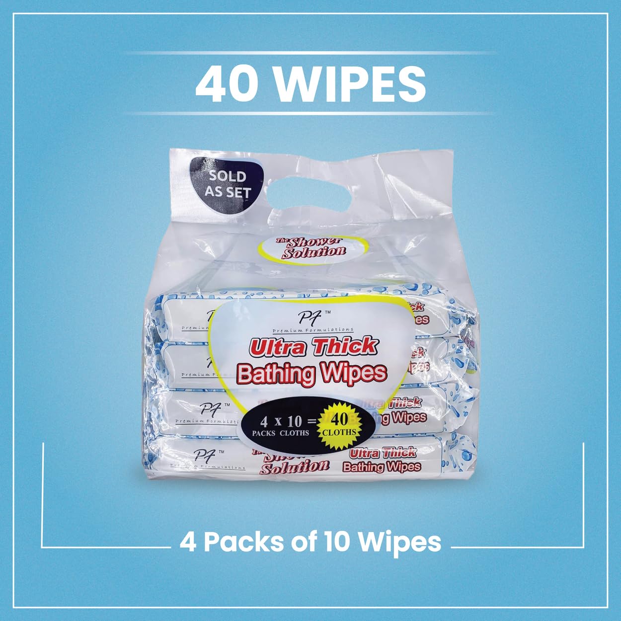 Extra Large & Thick Adult Bathing Wipes for Shower - 40 Wipes (4 Pack) | Ideal for Elderly Care, Post-Surgery Hygiene, Camping & Travel Convenience