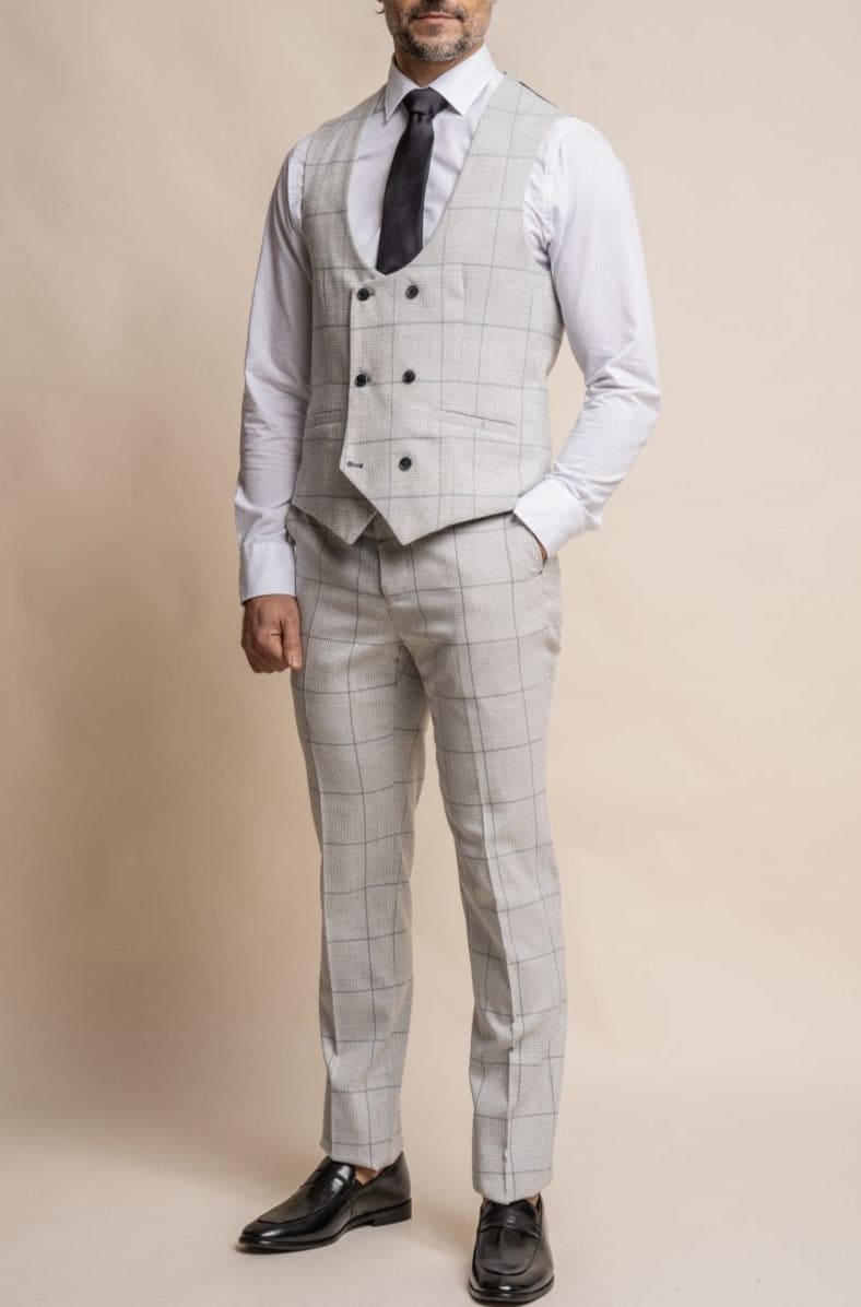 Cavani Radika 3-Piece Light Gray Check Tweed Suit for Men - Formal Business Attire, Office Wear & Wedding Outfit