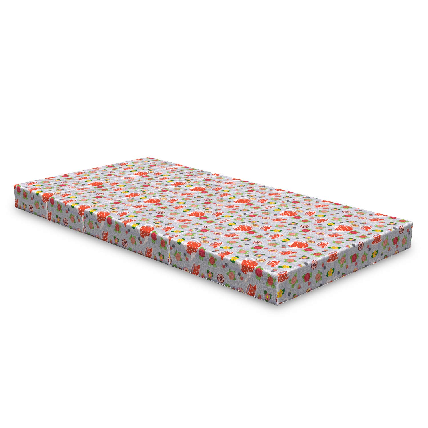 Ambesonne Colorful Foldable Mattress with Cartoon Tea Pots & Roses Design - 74.8