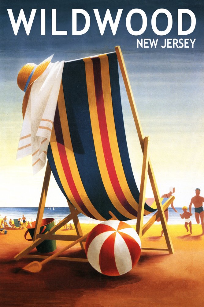 Wildwood New Jersey Beach Chair and Ball 53311 - Signed 24x36 Art Print Poster, Coastal Wall Decor for Living Room, Bedroom & Office - Perfect Beach House Decor, Gift for Travel Lovers