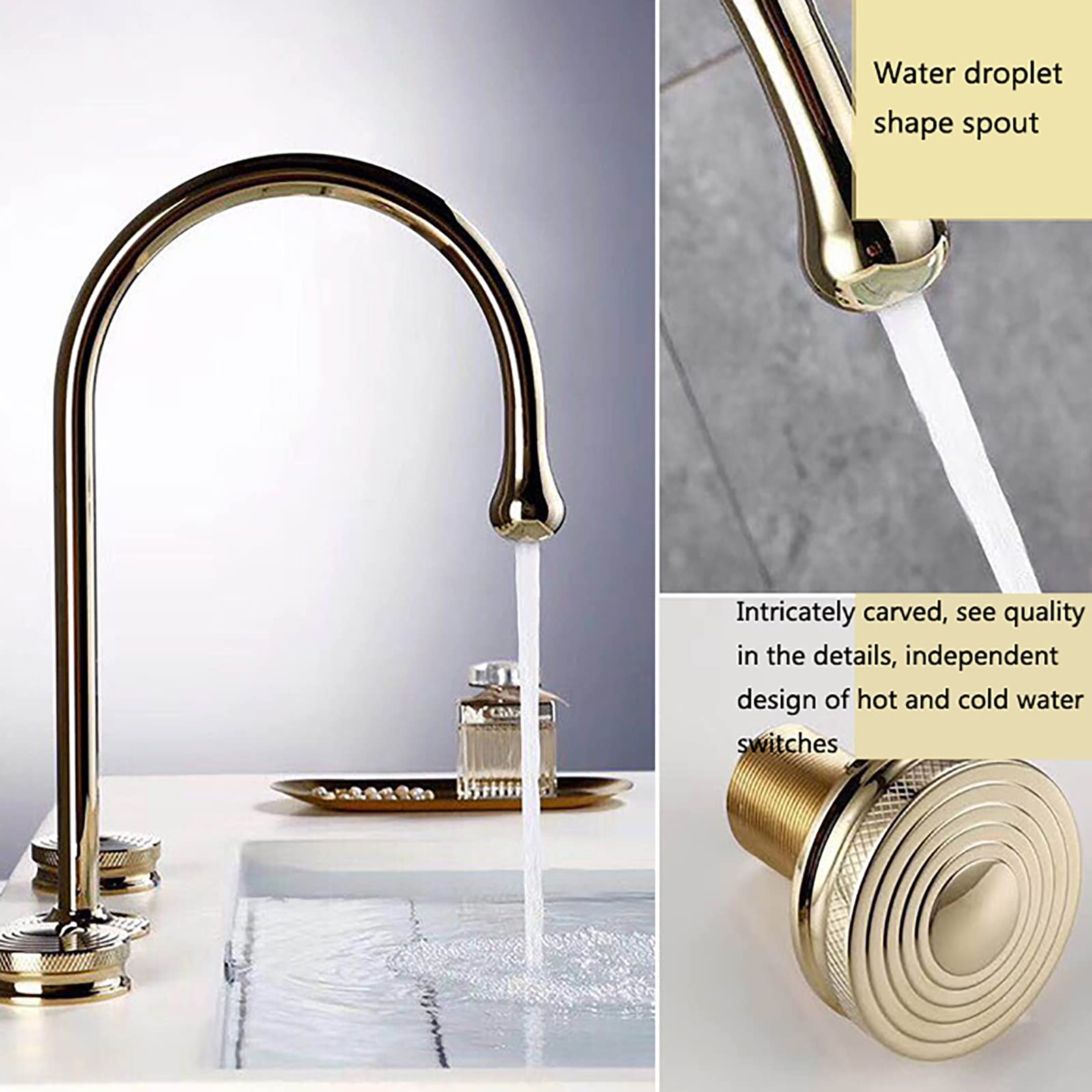 Rose Gold Double Handle 3-Hole Deck Mounted Bathroom Sink Faucet - Brass Vanity Basin Mixer Tap for Bathroom & Powder Room | Perfect for Modern Home Renovation and Luxury Bathroom Upgrade