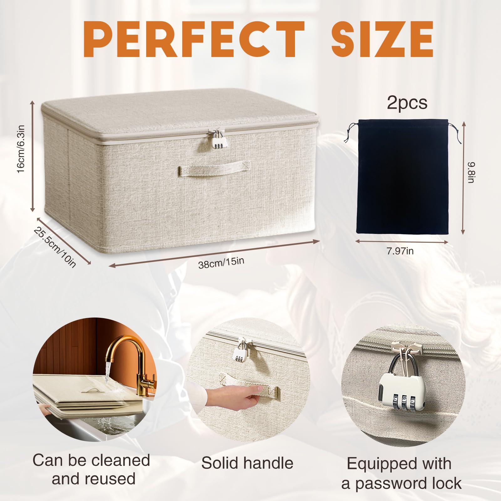 Secure Locking Game Toy Storage Organizer Box with 2 Drawstring Bags - Large 15 x 10 x 6.3 Inch Capacity for Kids Room, Playroom & Travel Toy Organization