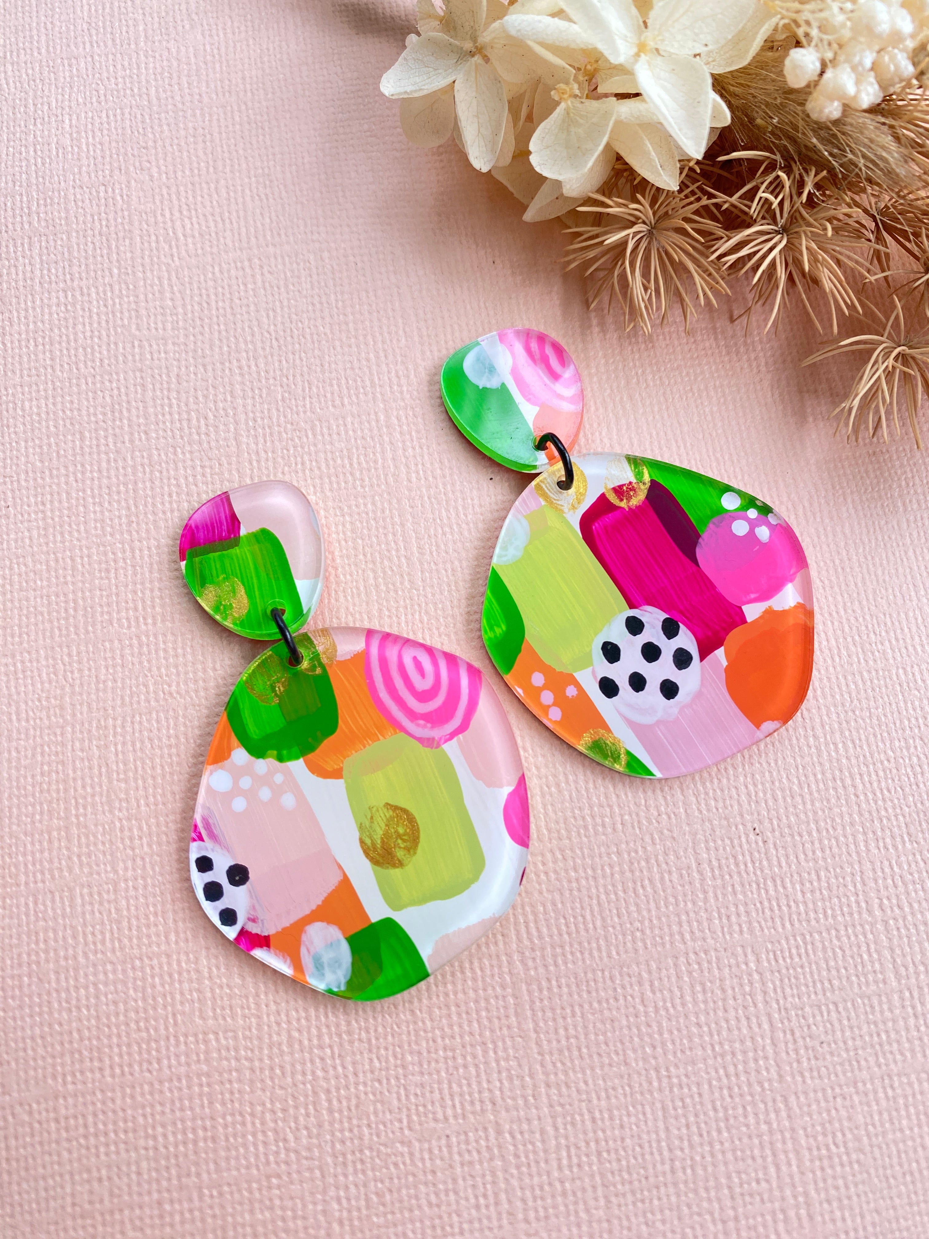 Hand Painted Olivia Dangling Earrings in Fruit Salad Colors - Daisy & Bunny Handmade Jewelry for Women - Perfect for Summer Parties, Beach Vacations and Boho Fashion