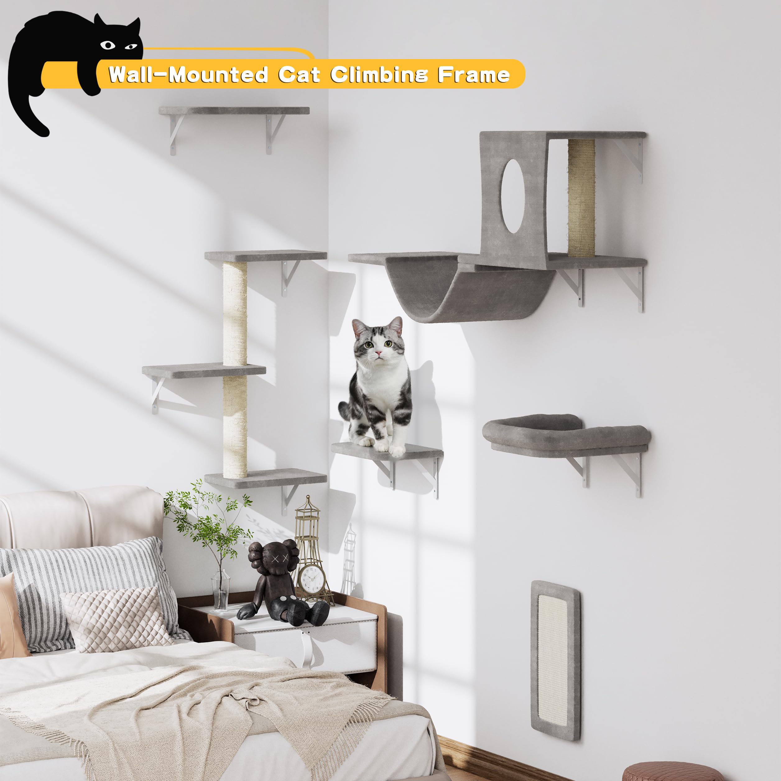 NUNU LAB 6-Piece Wall Mounted Cat Furniture Set - Cat Climber with House, Bridge, Tree, Steps & Scratcher, DIY Cat Wall Playground, Grey Indoor Cat Shelves for Active Cats - Perfect for Small Spaces & Cat Enrichment