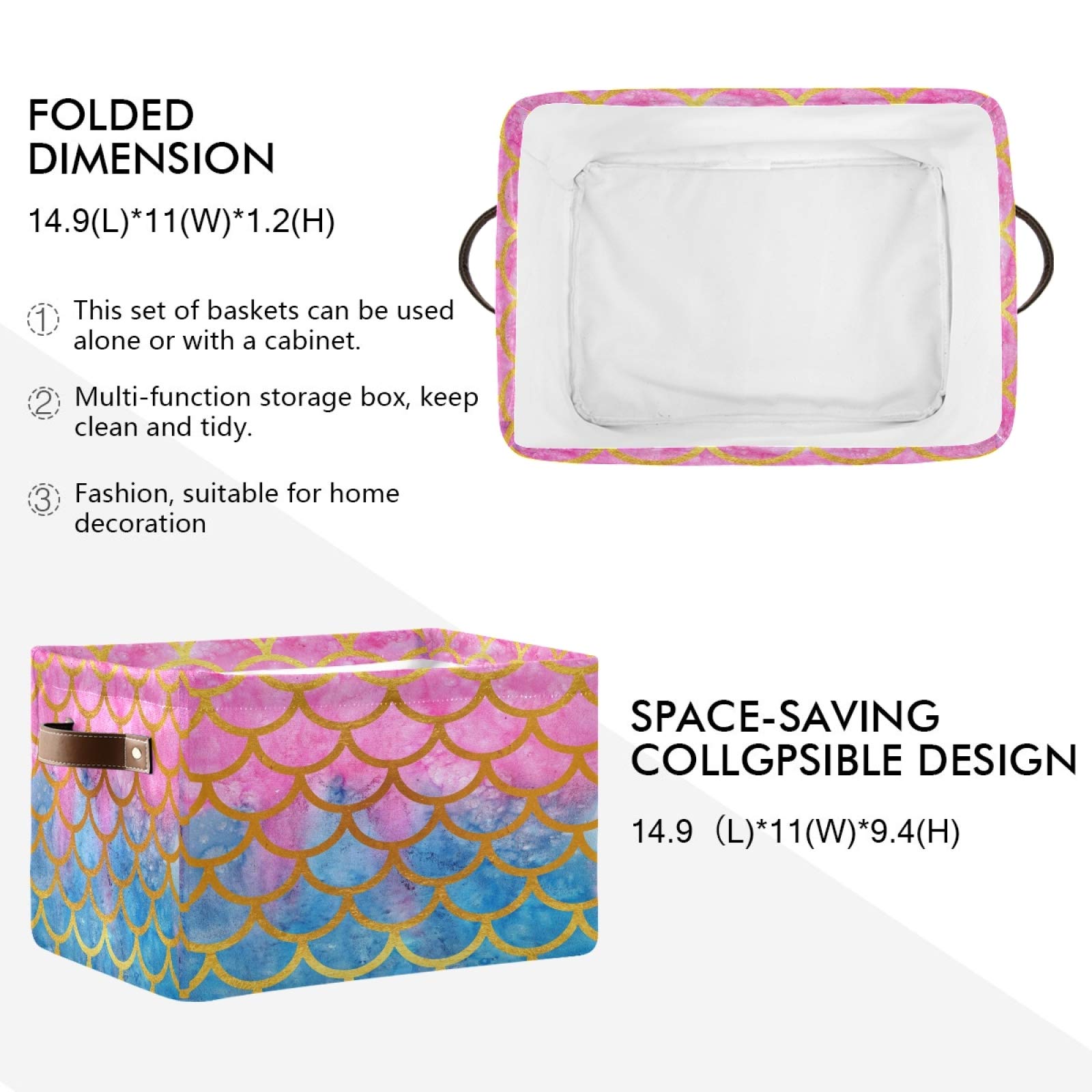 AUUXVA Collapsible Storage Basket - Pink & Blue Mermaid Scale Design, Durable Canvas Toy Organizer Bin with Handles for Bedroom, Closet, Office | Perfect for Kids' Room, Nursery, Playroom & Home Organization