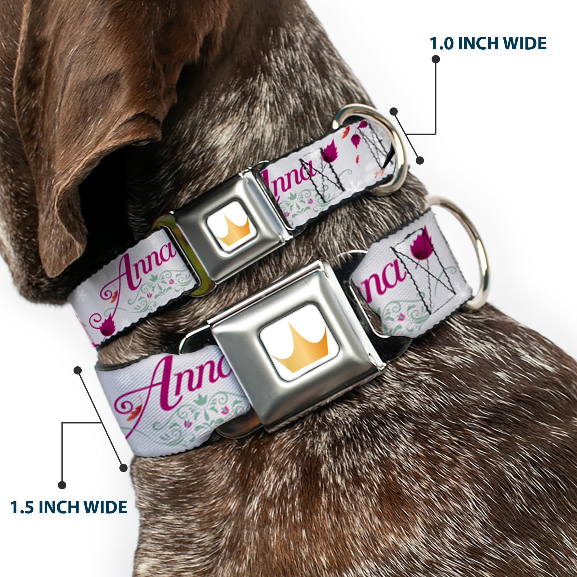 Frozen Anna Castle Dog Collar with Flowers & Script - 15 to 24 Inch Adjustable, 1.0 Inch Wide Pet Seatbelt Buckle (Grays & Pinks) - Perfect for Disney Costumes, Pet Safety & Themed Events