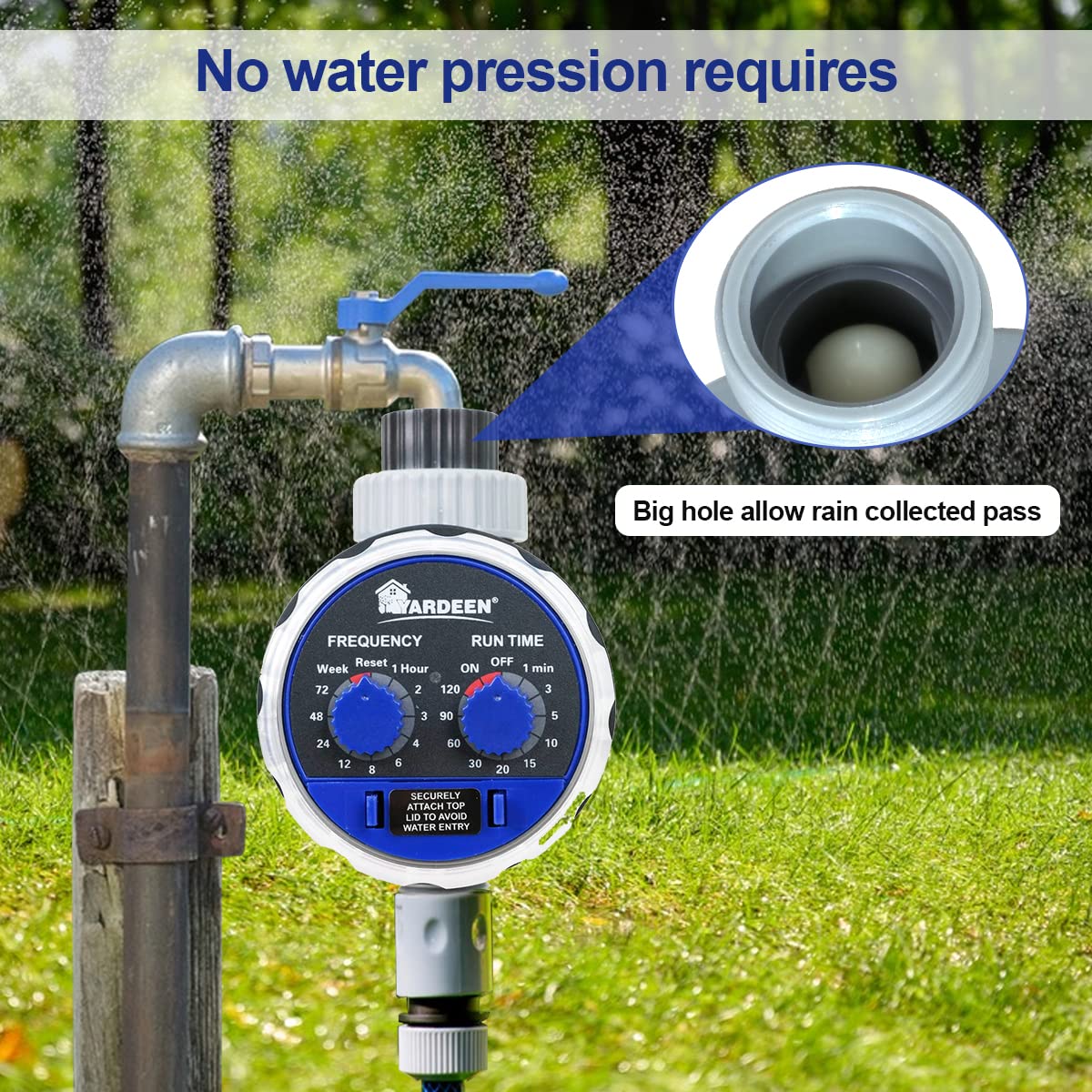 Water Timer Electronic Hose Sprinkler - No Water Pressure Required, Two Dial Garden Irrigation Controller for Lawns, Flower Beds & Vegetable Gardens