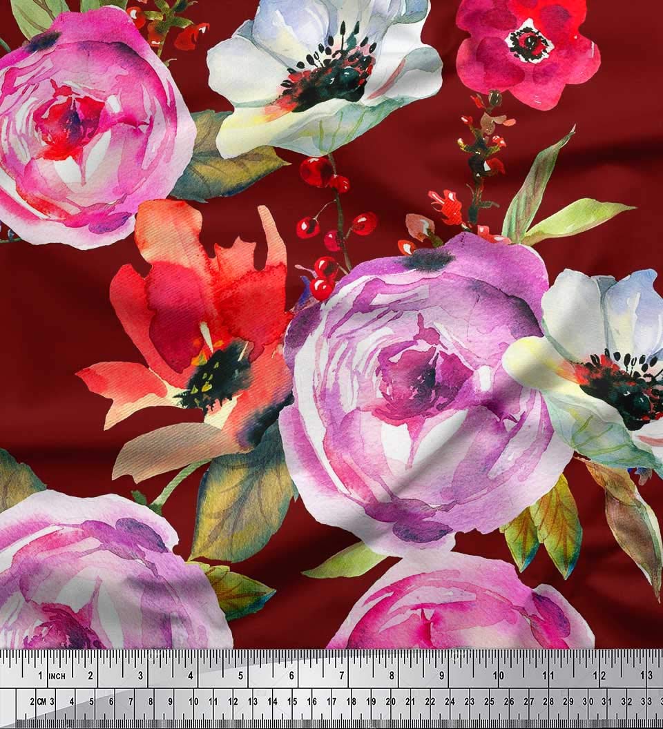 Soimoi Moss Georgette Red Fabric by The Yard - 42 Inch Wide Floral Printed Fabric with Leaves & Peony Design for DIY Crafts, Dresses, Curtains & Home Decor - Lightweight & Elegant Fabric for Sewing Projects