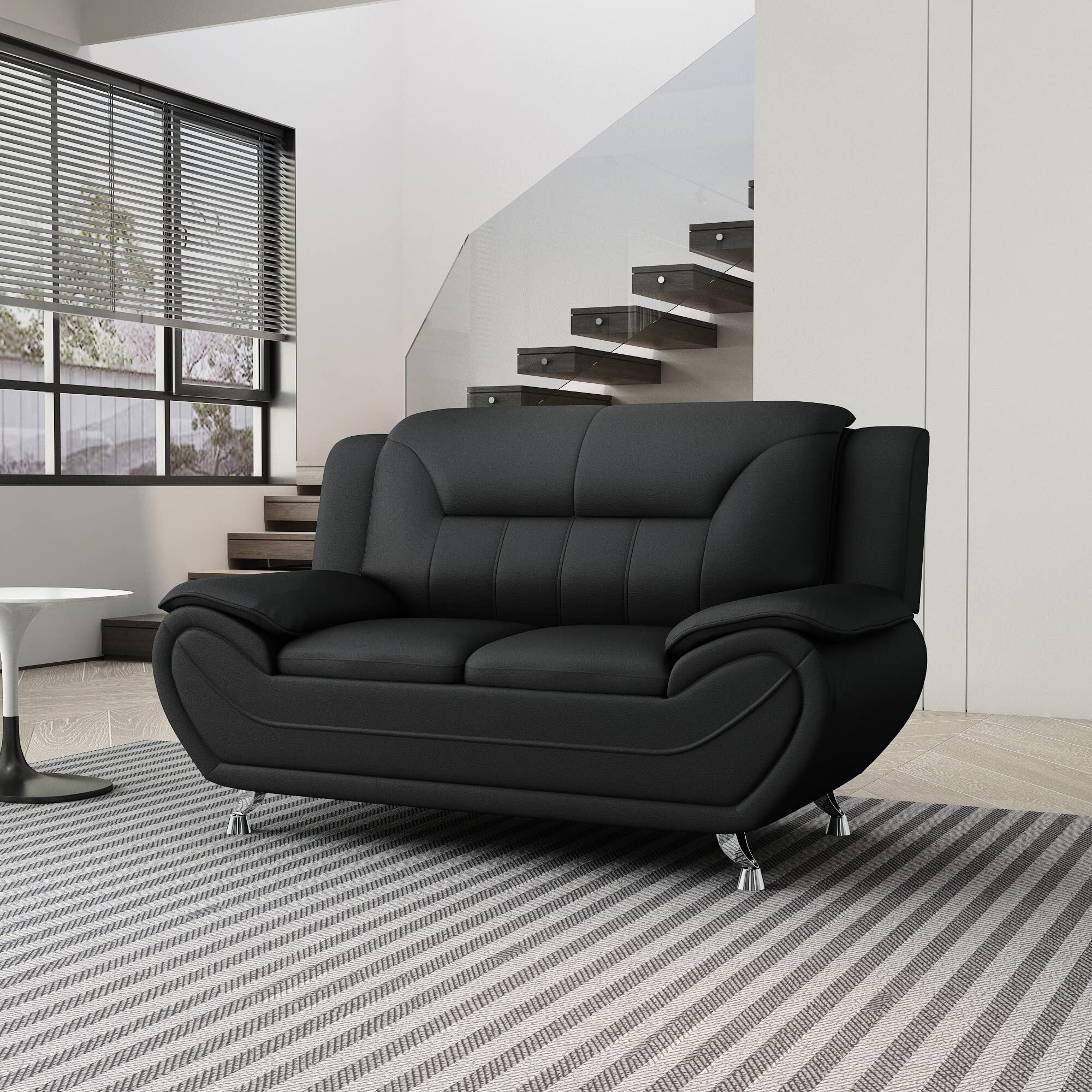 Michael Modern Faux Leather Loveseat with Stainless Steel Legs - Midnight Black | Comfortable Small Sofa for Living Room, Apartment & Office Waiting Area