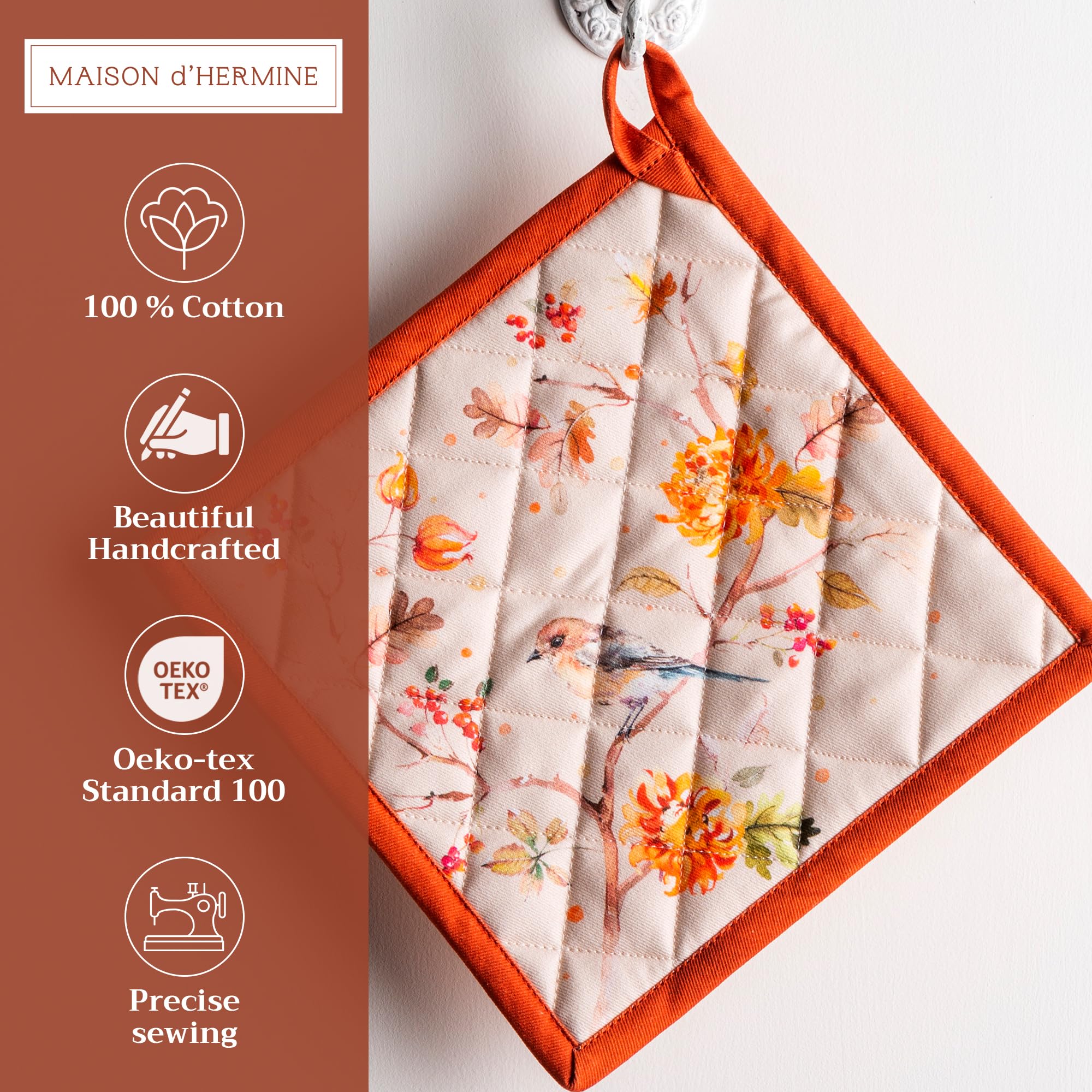 Hermine 100% Cotton Heat Resistant Pot Holder Set of 2 - 8x8 Inch Kitchen Hot Pads with Loop for Microwave, BBQ & Hot Pans (Kelim Prairie Design) - Perfect for Thanksgiving & Christmas Cooking, Baking and Holiday Entertaining
