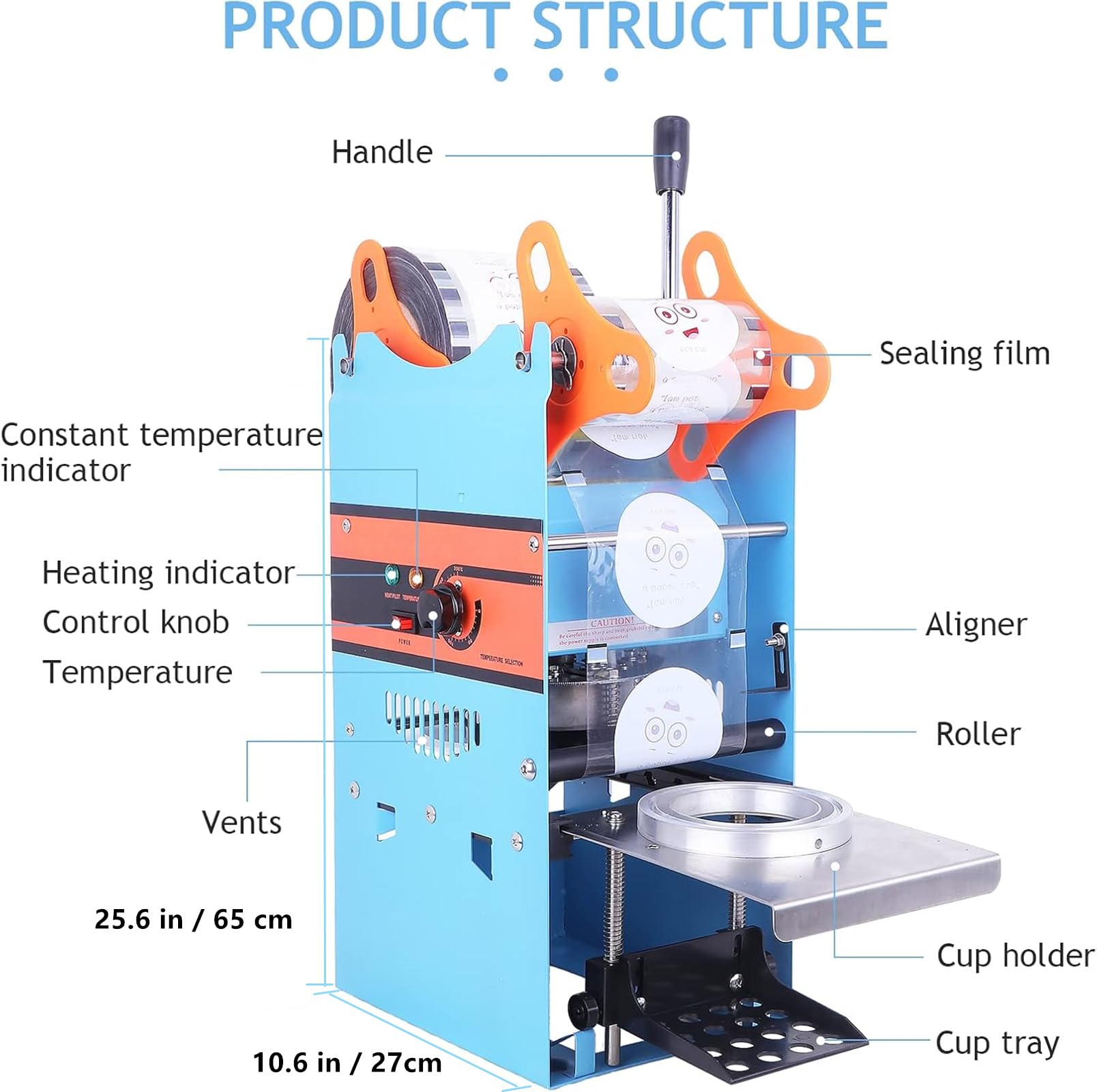 JIAWANSHUN Manual Cup Sealing Machine 300-500 Cups/Hour - Electric Cup Sealer for 180mm Tall & 95mm Diameter Cups - 110V - Perfect for Bubble Tea, Coffee, and Smoothie Shops