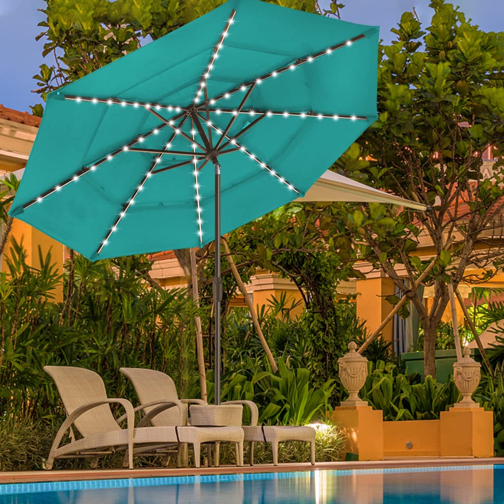EliteShade USA 10-Year Fade-Resistant 9ft 3-Tier Solar Patio Umbrella with 80 LED Lights - Outdoor Market Umbrella with Ventilation for Deck, Poolside, and Backyard (Teal)