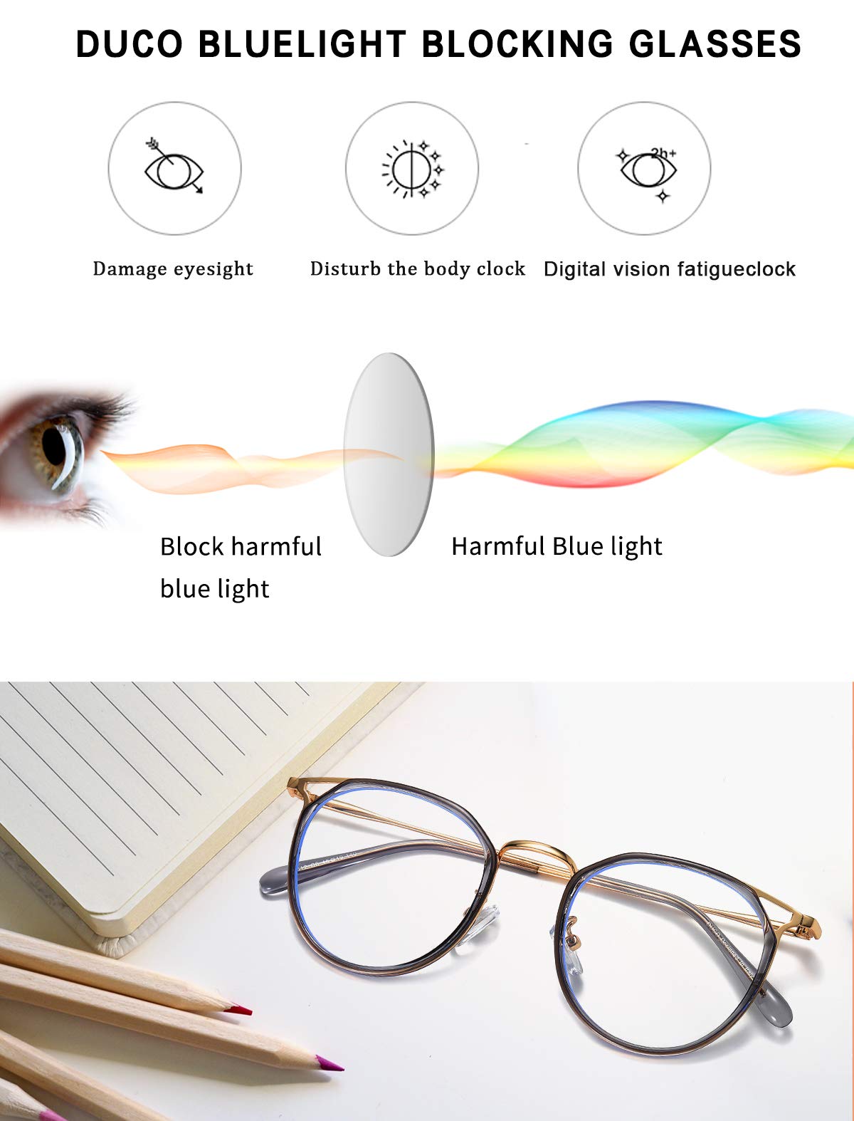 DUCO Blue Light Blocking Glasses - Retro Round Computer Eyewear for Women & Men | Screen Time & Gaming