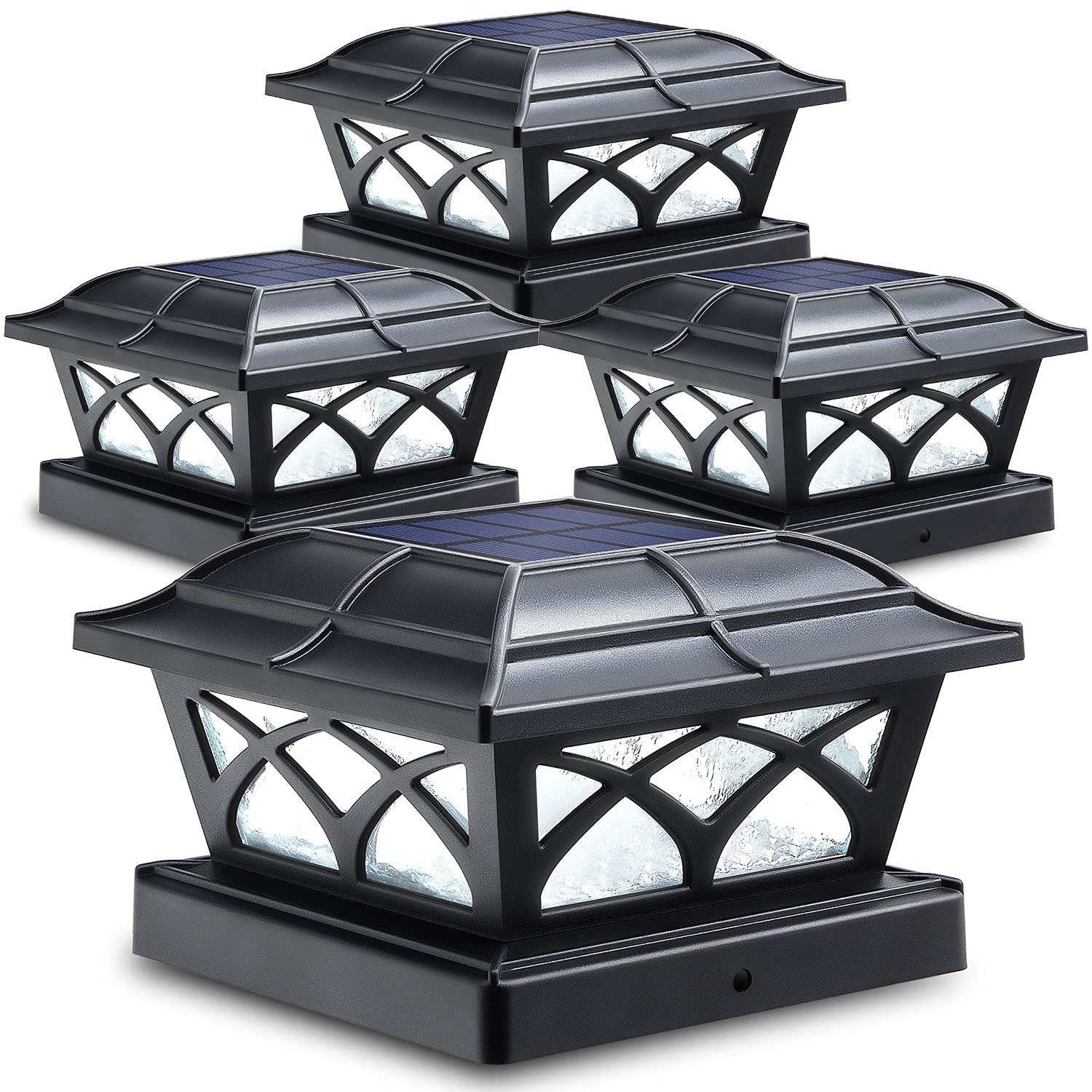SIEDiNLAR Solar Post Cap Lights Outdoor - 8 LED Glass Deck Fence Lights with Warm White & Cool White (2 Color Modes) for 4x4 5x5 6x6 Wood Posts - Waterproof Patio Garden Pathway Lighting (4 Pack) - Perfect for Backyard, Deck, Fence, and Landscape Decoration