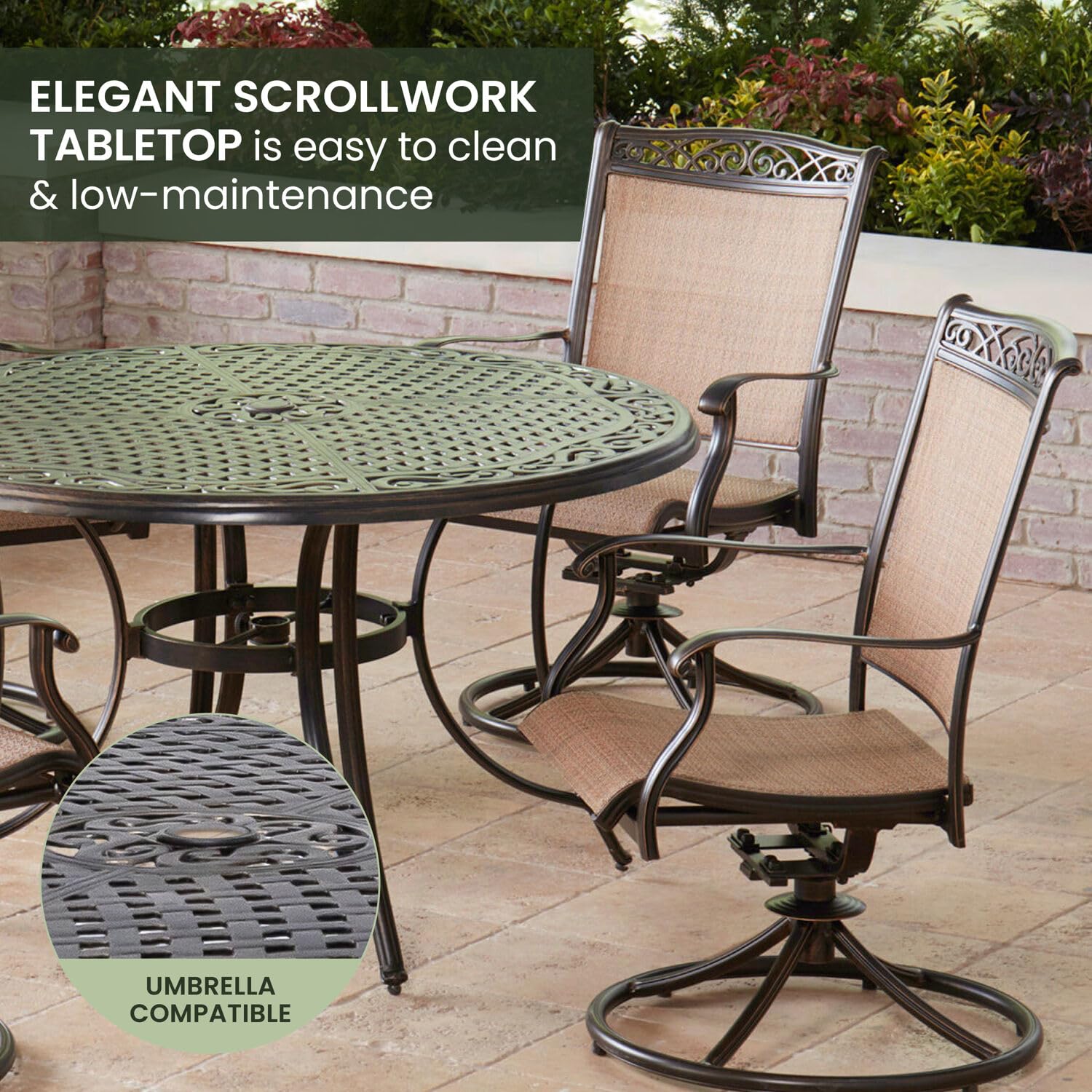 Hanover Fontana 5-Piece Outdoor Patio Dining Set with PVC Tan Sling Swivel Rocker Chairs & 48