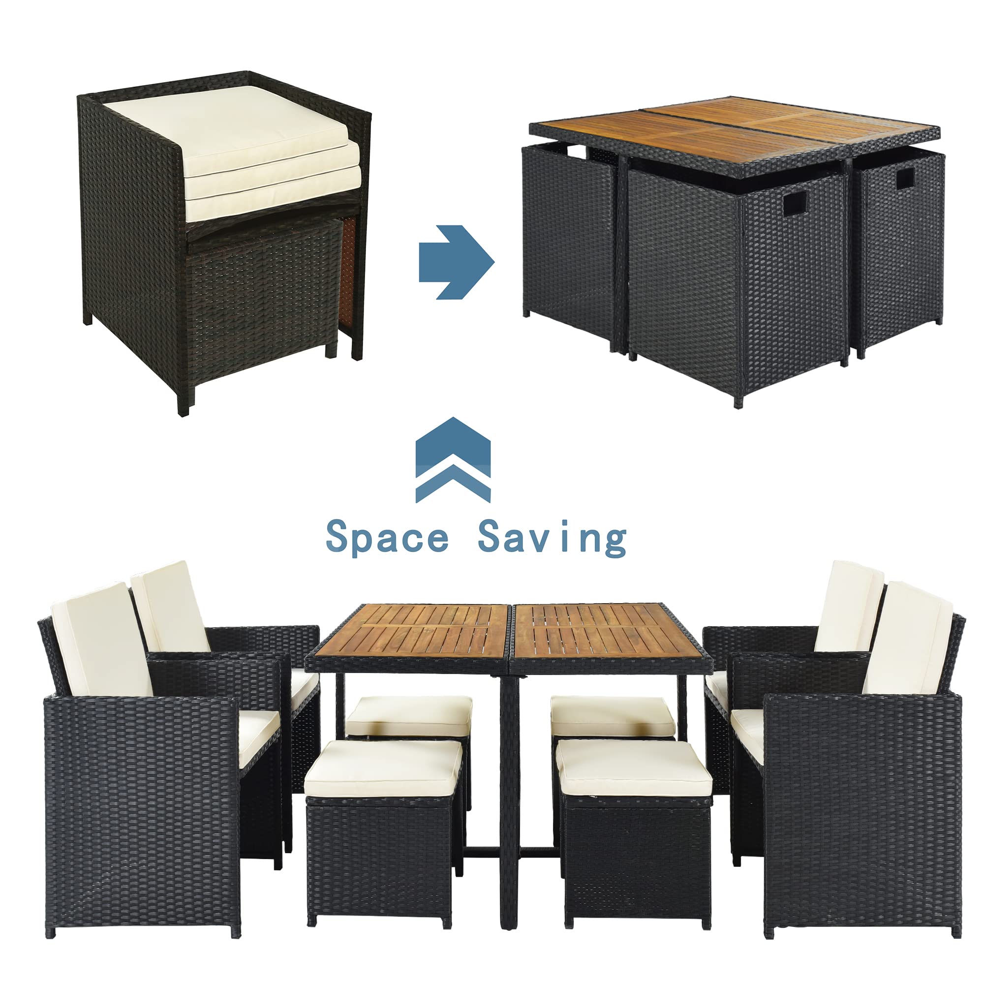LZ LEISURE ZONE 9-Piece Outdoor Patio Dining Set - Black Wicker Rattan Table & Chairs with Brown Beige Cushions - Weather-Resistant Garden Furniture for Backyard, Poolside & Outdoor Entertaining