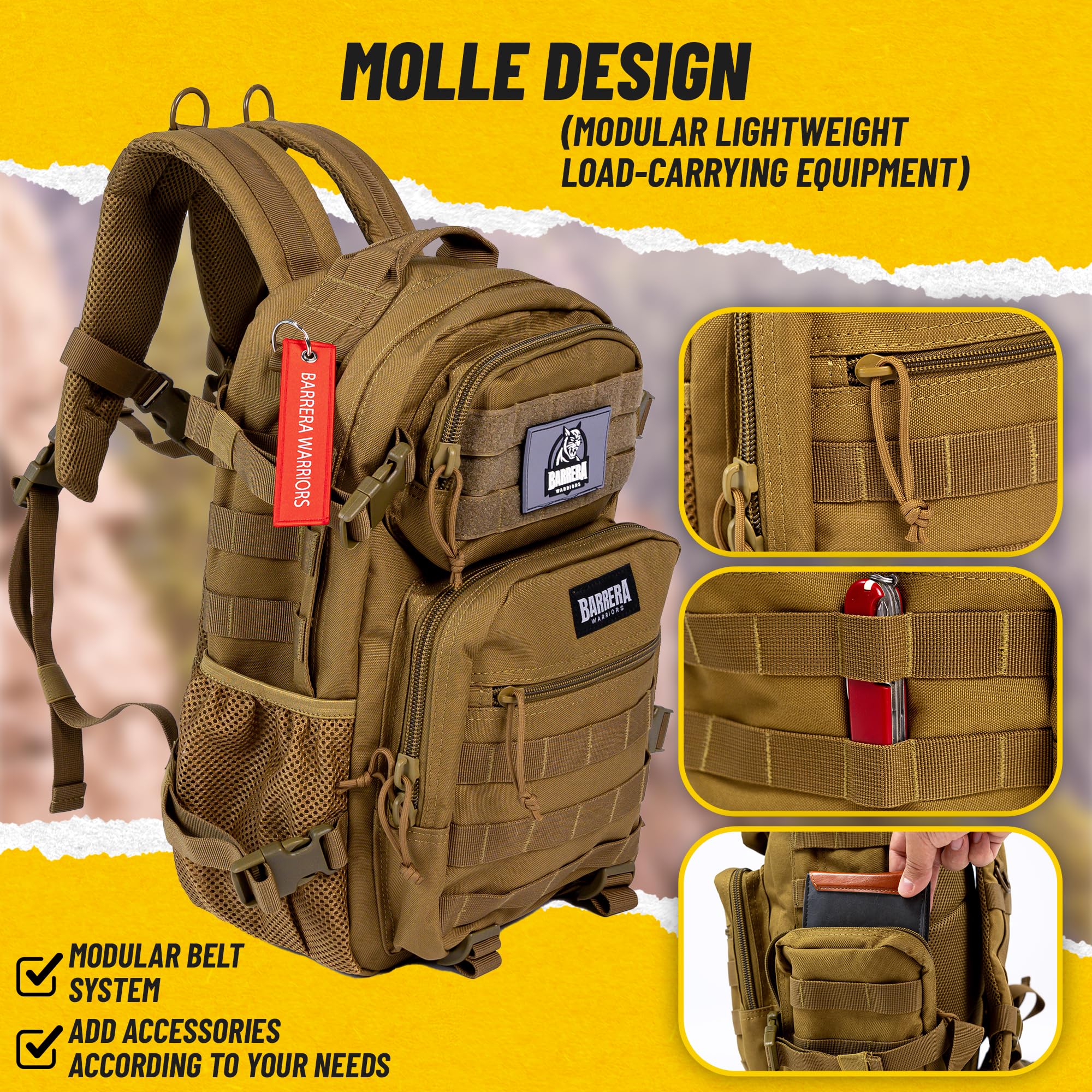 BARRERA Warriors 25L Tactical Backpack - Military MOLLE Assault Pack for Men, Durable Outdoor Hiking & Travel Backpack with Laptop Compartment (Mud Brown) - Perfect for Camping, Hiking, Airsoft & Everyday Use