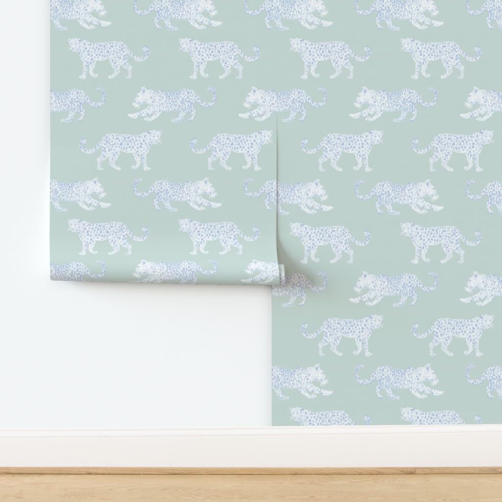 Peel & Stick Removable Wallpaper 9ft x 2ft - White Light Blue Sage Spots Animal Leopard Print Soft Green Custom Wallpaper by Spoonflower | Perfect for Nursery, Bedroom, Office & Home Decor
