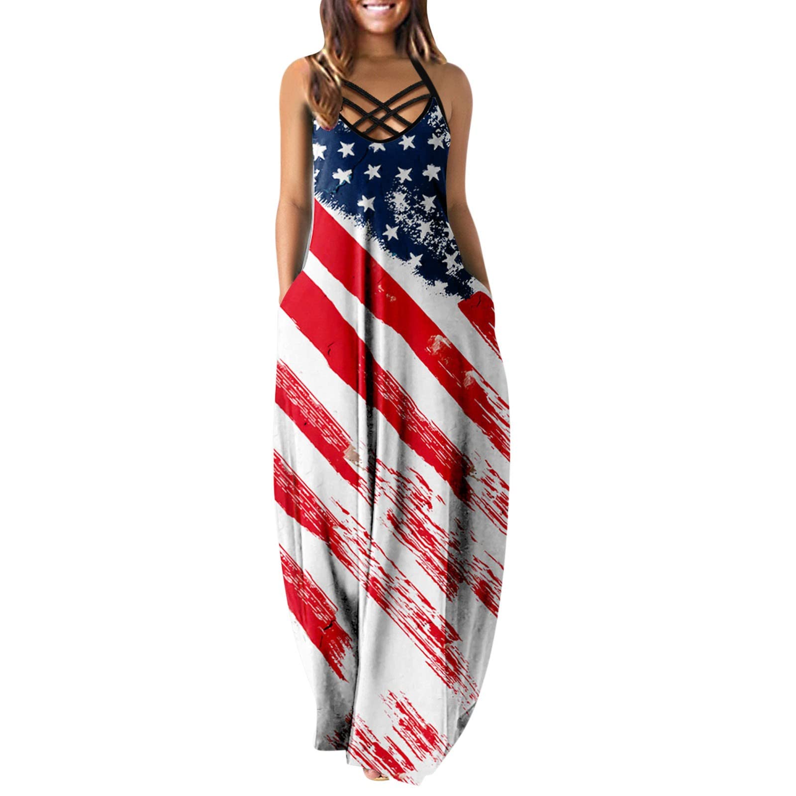Women's Summer Casual Dress - Floral Print Sleeveless O-Neck with Double Pockets & Wide Straps | Perfect for Beach Vacation, Outdoor Parties & Daily Wear