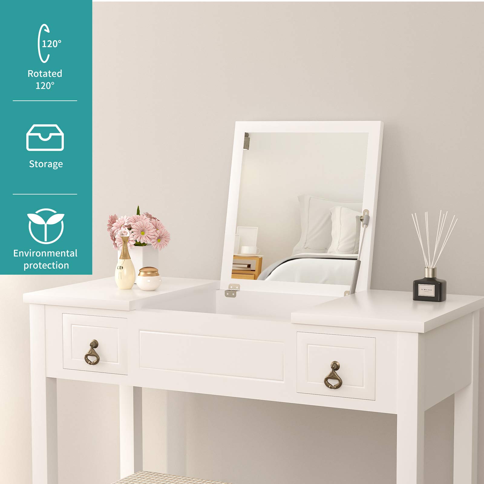 White Makeup Vanity Set with Flip Top Mirror, Cushioned Stool & 2 Drawers - 3 Removable Organizers, Writing Desk for Bedroom, Bathroom - Perfect for Girls, Women & Teens Beauty Routine, Dressing Table & Study Space