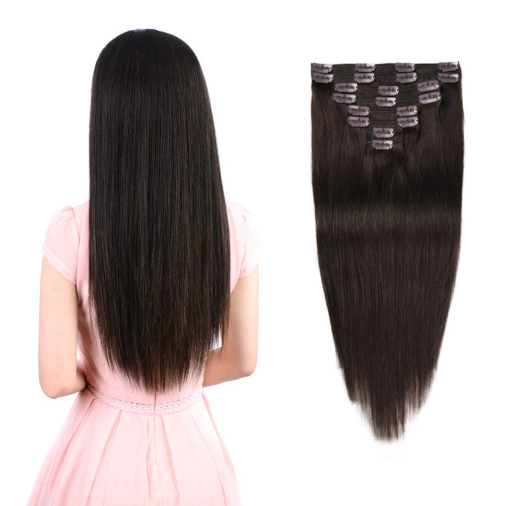 Premium Clip-in Human Hair Extensions Dark Brown #2 (14 Inch, 8 Pieces, 92g) - Thick Double Weft Remy Hair for Women - Perfect for Short Hair Styling, Volume Boost & Everyday Glam