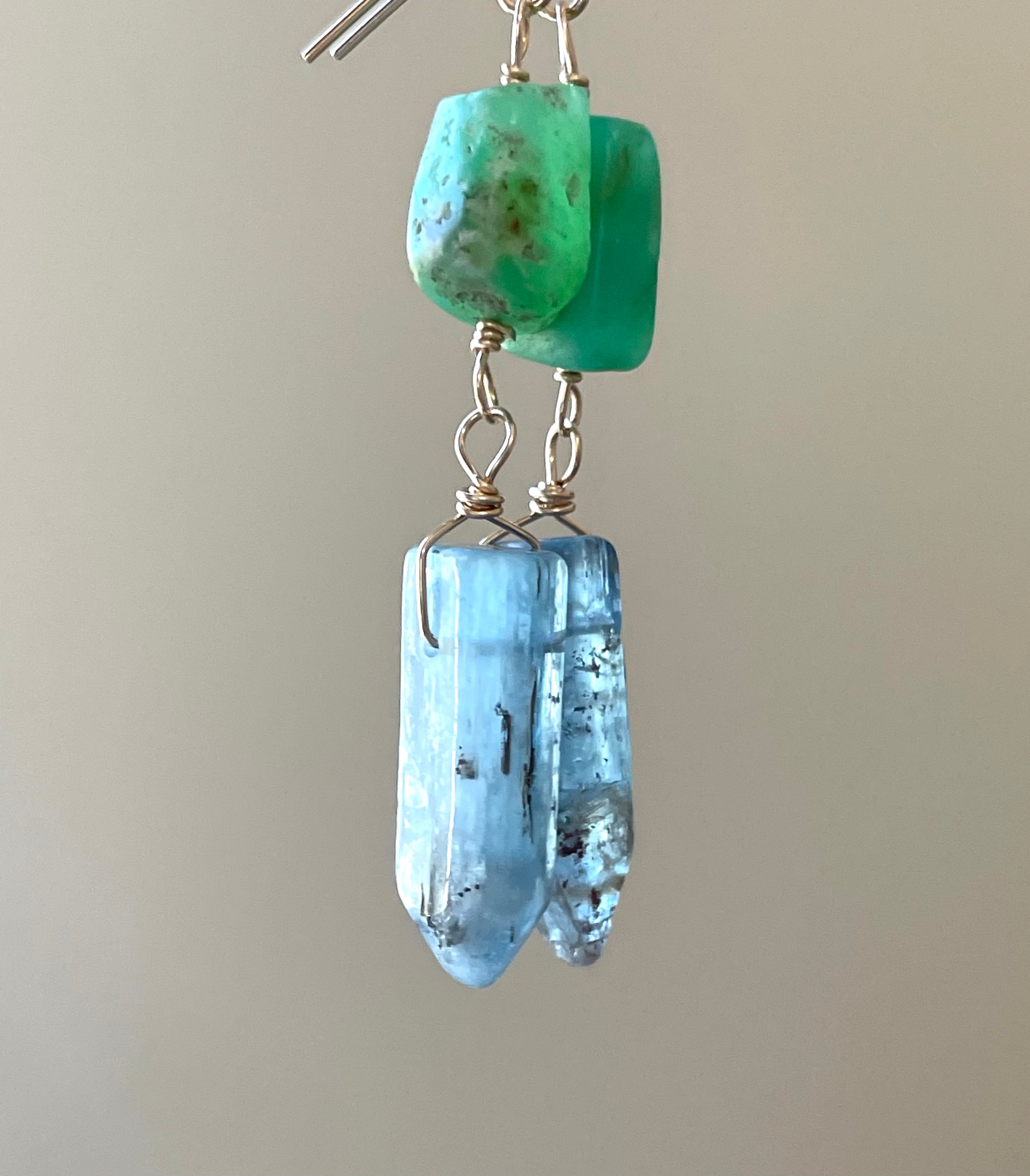 Natural Blue Kyanite & Chrysoprase Crystal Earrings - 14K Gold Filled Dangle Earrings for Women - Healing Stone Jewelry for Meditation, Yoga & Spiritual Gifts