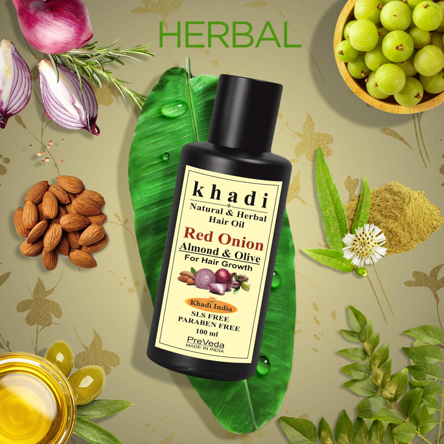 PreVeda® Khadi Red Onion Almond & Olive Hair Growth Oil - 100ml Ayurvedic Natural Anti Hair Fall Treatment for Stronger, Healthier Hair | Promotes Hair Regrowth & Reduces Breakage | Perfect for Daily Scalp Massage & Overnight Hair Care