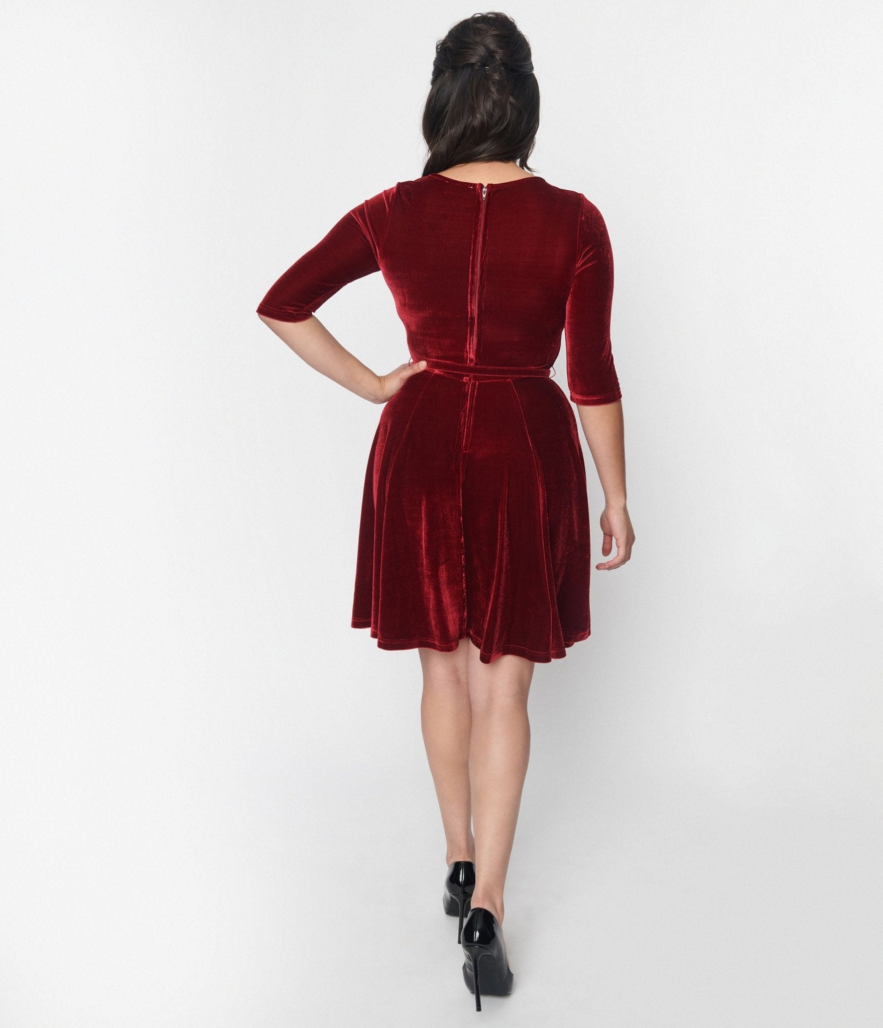 Vintage Burgundy Velvet Stephanie Fit & Flare Dress - Elegant Retro Cocktail Party & Holiday Formal Wear
