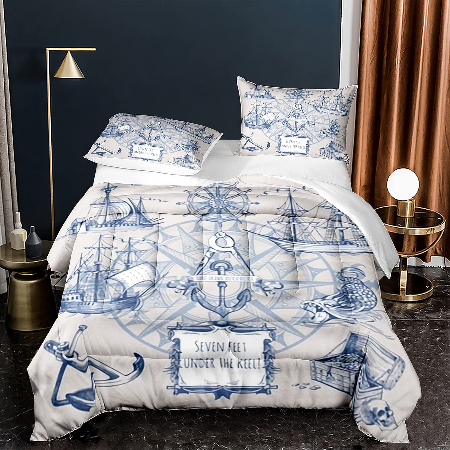 **Nautical Compass & Pirate Ship Anchor Full Bed Comforter Set - 1 Comforter + 2 Pillow Shams, Pirate-05 - Perfect for Themed Bedrooms, Kids' Rooms & Coastal Decor**