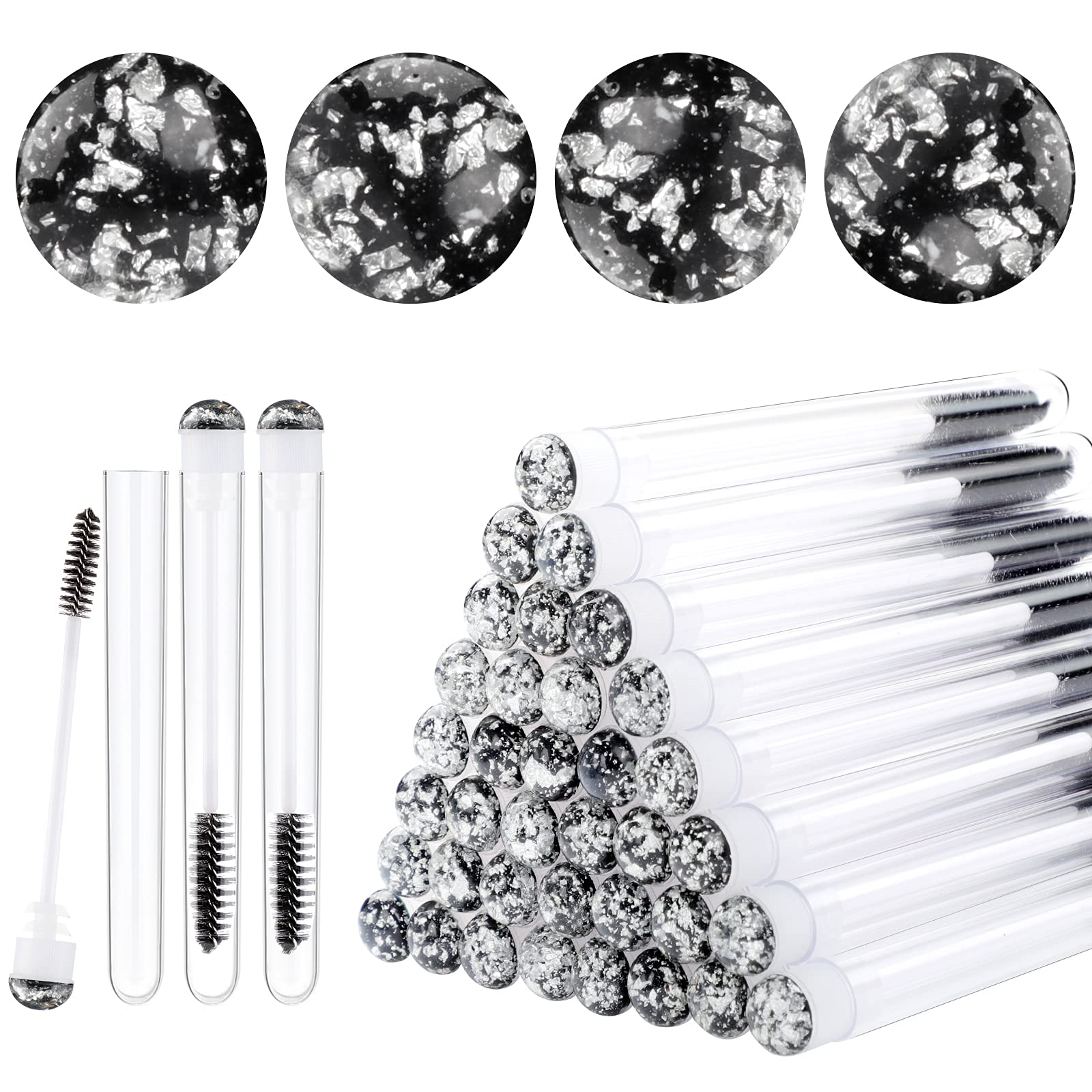 50pcs Eyelash Brushes - Professional Lash Wand Makeup Tools for Eyelash Extensions, Mascara Application & Cleaning | Diamond Mascara Foil Black Brushes for Salon, Home & Travel Use