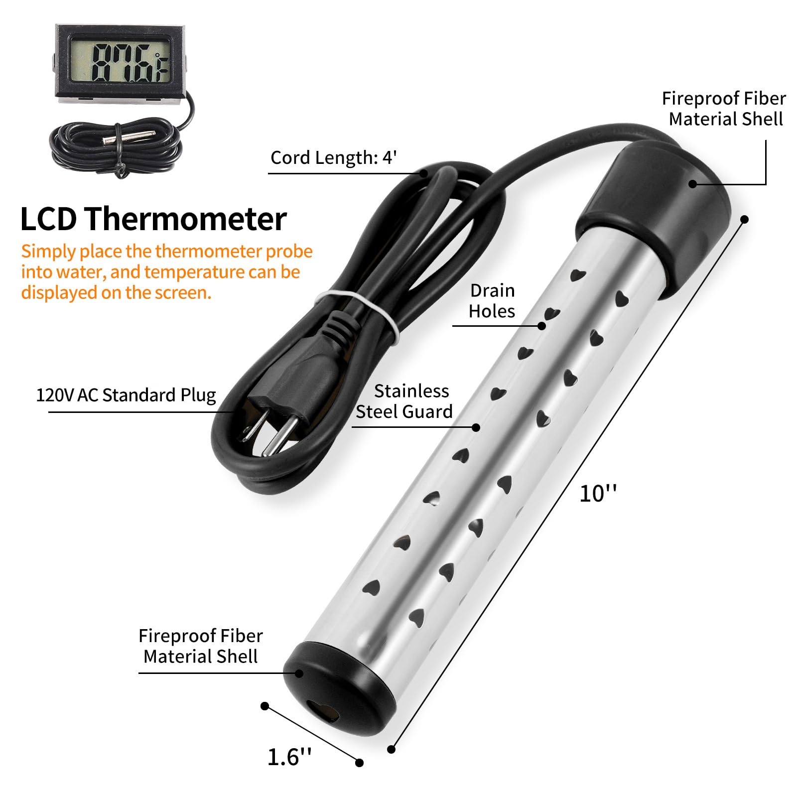 Portable Immersion Water Heater with Stainless Steel Cover - Fast Heating Bucket Heater with LCD Thermometer - Anti-Scald Electric Water Heater for Camping, Travel & Home Use (2 Pack, Black)
