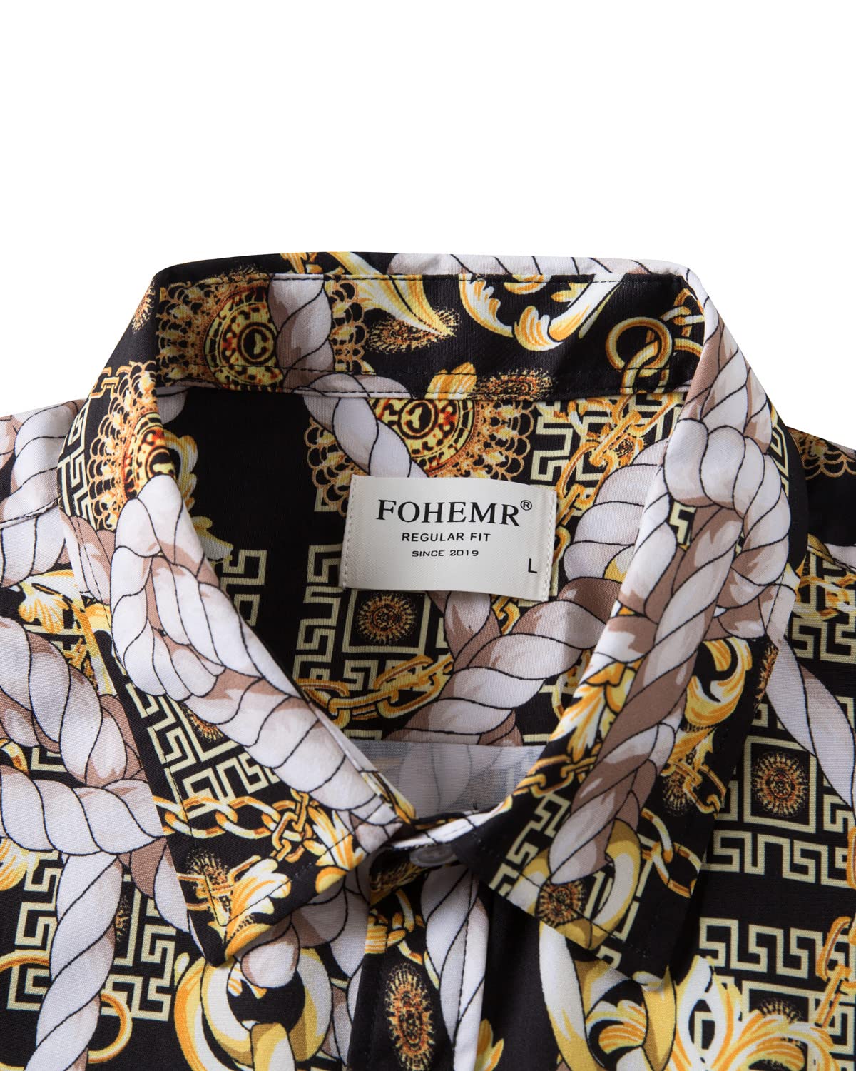 Luxury Men's Black & Gold Baroque Print Short Sleeve Dress Shirt - Chain Design Button Down Casual Shirt for Party, Wedding & Formal Events