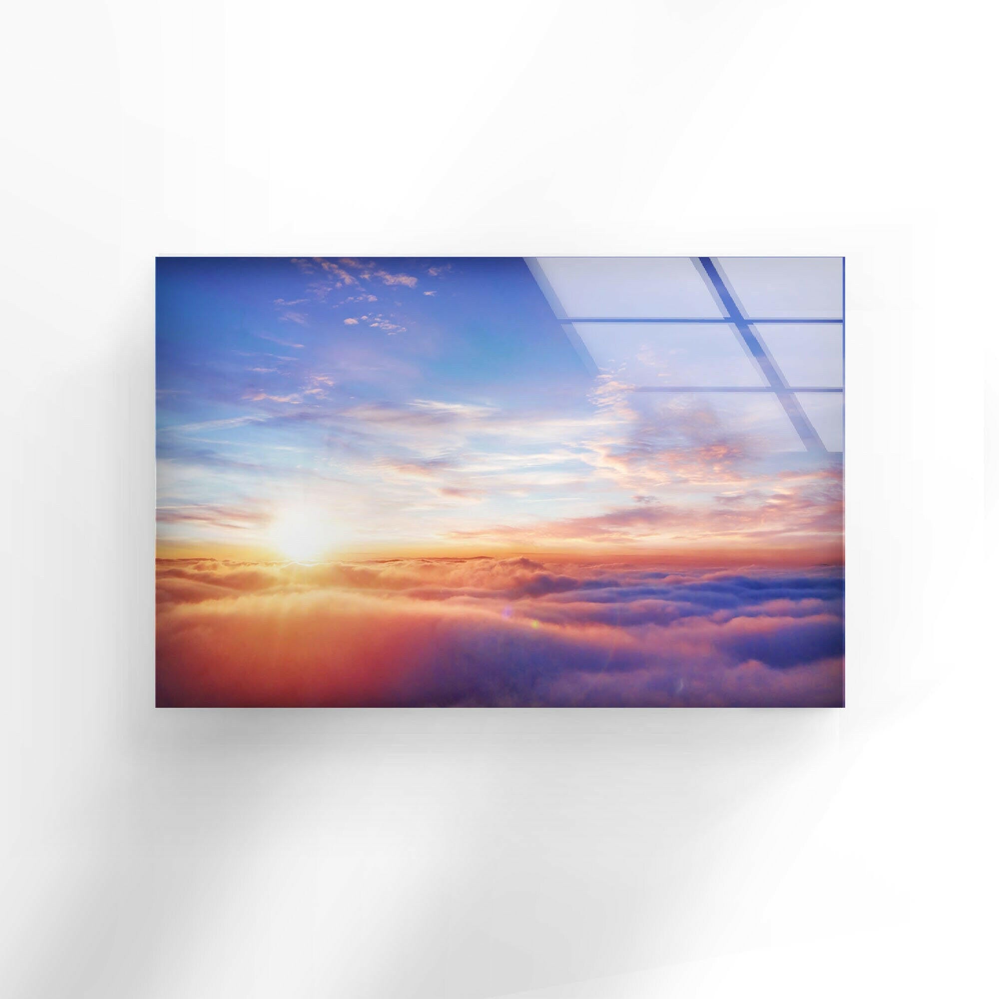 Stunning Sunrise on Glass Wall Art - Above the Clouds Panoramic Landscape Decor for Living Room, Bedroom & Office