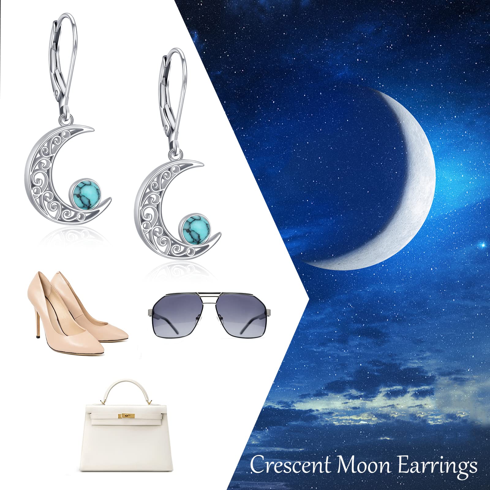 Celtic Moon Earrings for Women - 925 Sterling Silver Opal, Moss Agate & Turquoise Dangle Earrings | Hypoallergenic Star and Moon Jewelry | Perfect Gift for Birthday, Anniversary & Boho Fashion Accessories