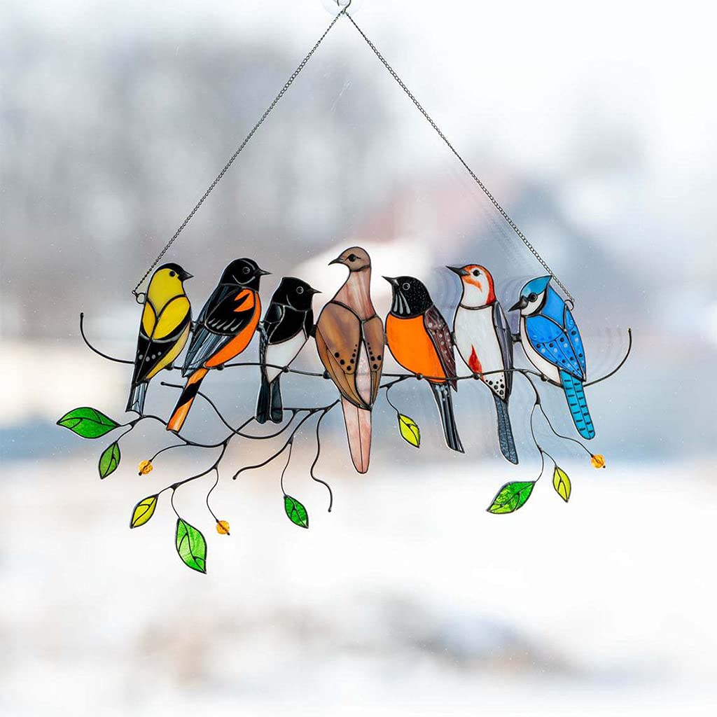 WEYCNCRIUF Multicolor Stained Glass Window Panel - Birds on a Wire Design with Hanging Chain for Home Decor | Perfect for Living Room, Bedroom, or Office Window Decoration