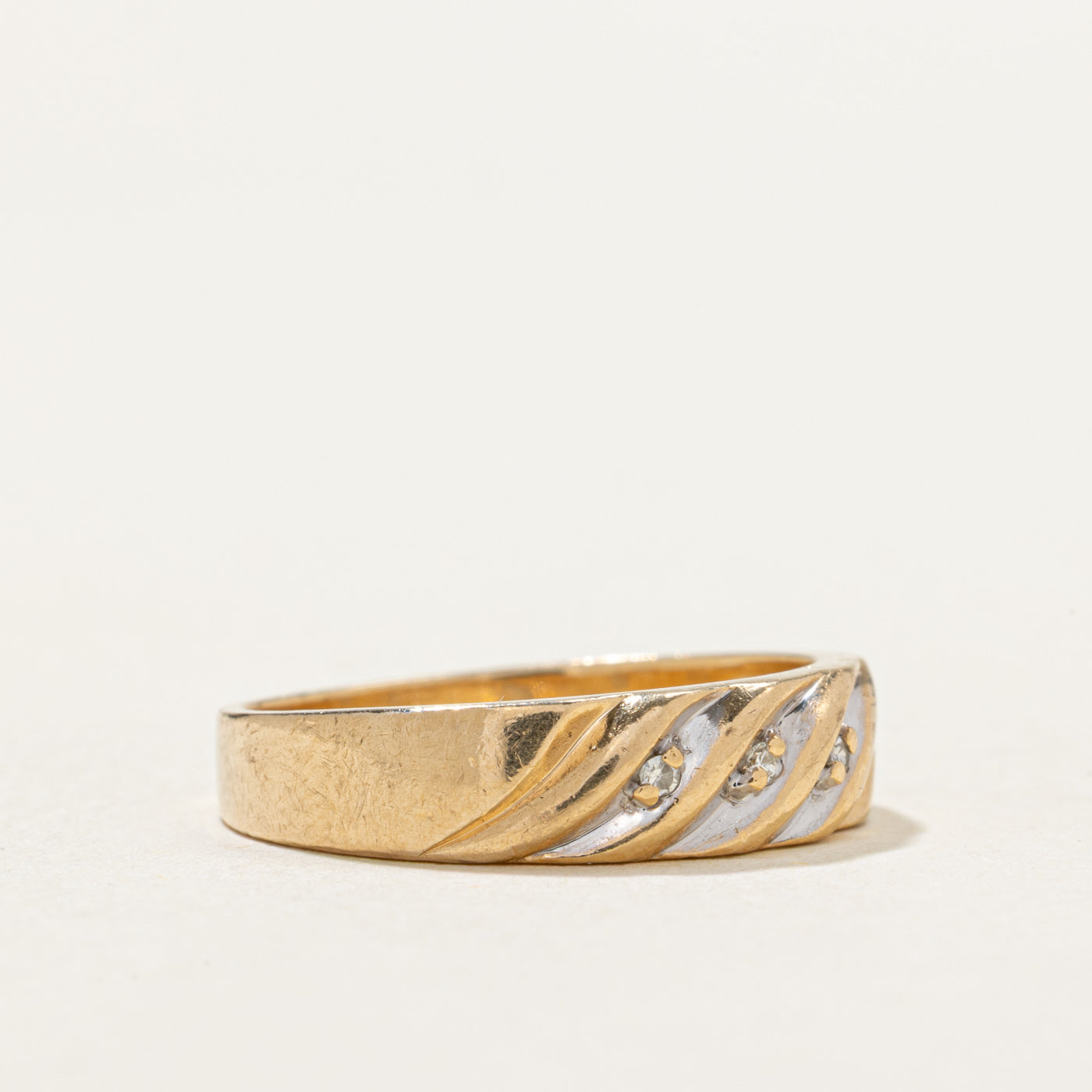14K Gold Three Stone Diamond Diagonal Grooved Ring - 0.015ctw, Size 6 | Elegant Wedding Band, Anniversary Gift for Her, Perfect for Bridal Jewelry & Special Occasions
