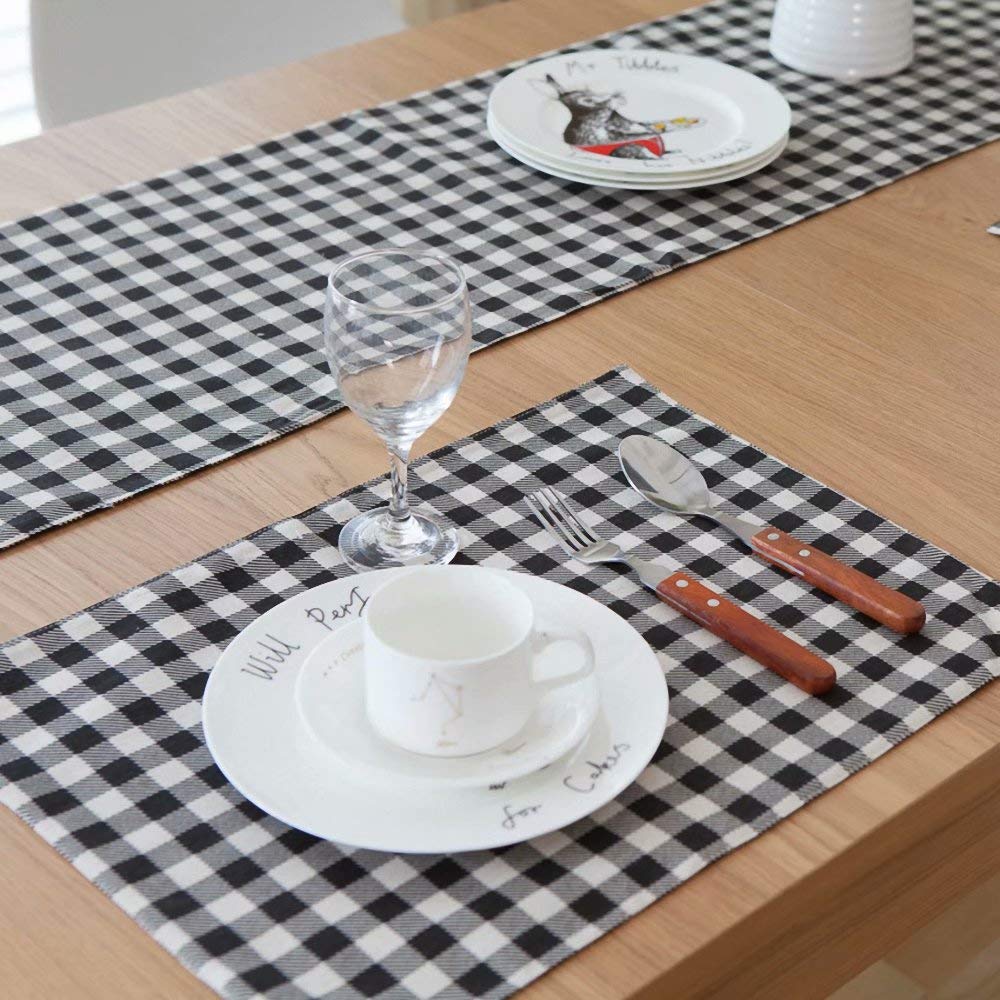 4-Piece Buffalo Check Christmas Placemats Set - Reversible Black & White Plaid Burlap & Cotton Holiday Table Mats for Dining Decor - Perfect for Christmas Dinner, Winter Parties & Festive Home Decorations