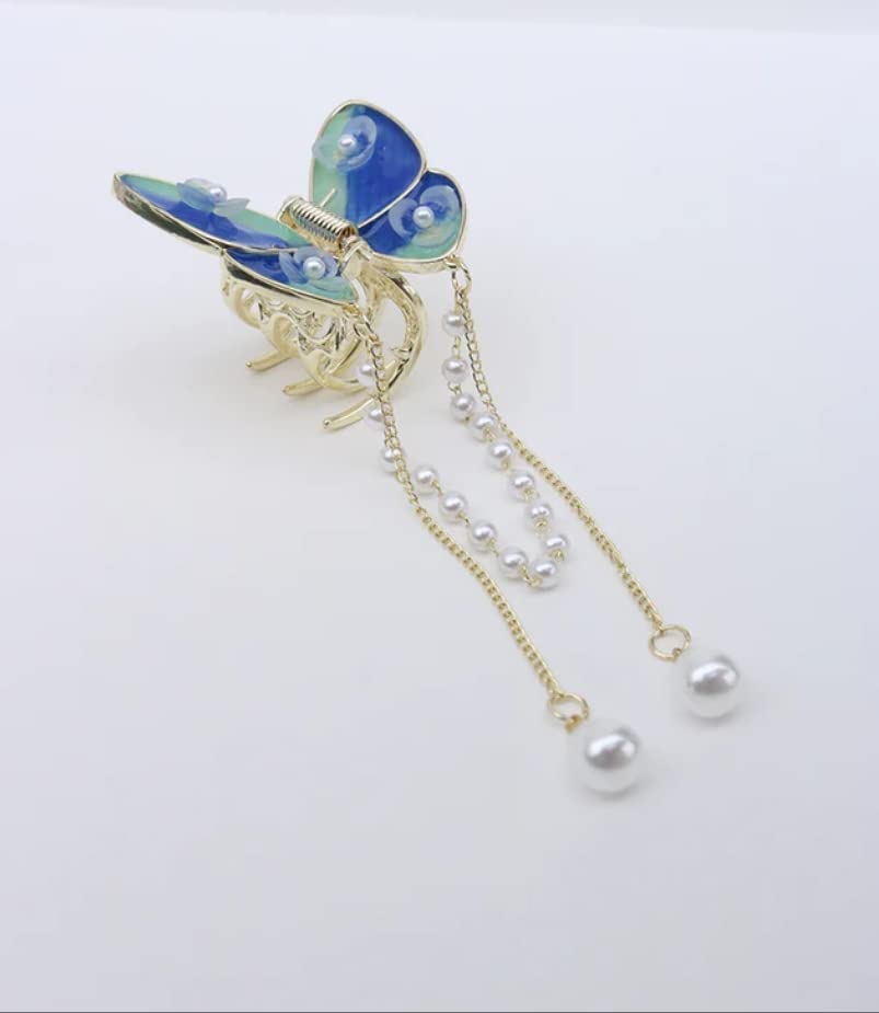 PLUCKET® Rhinestone Butterfly Hair Clips with Pearl Tassel - Small Hair Claw Barrettes for Women & Girls - Blue Hair Accessories for Parties, Weddings & Everyday Styling