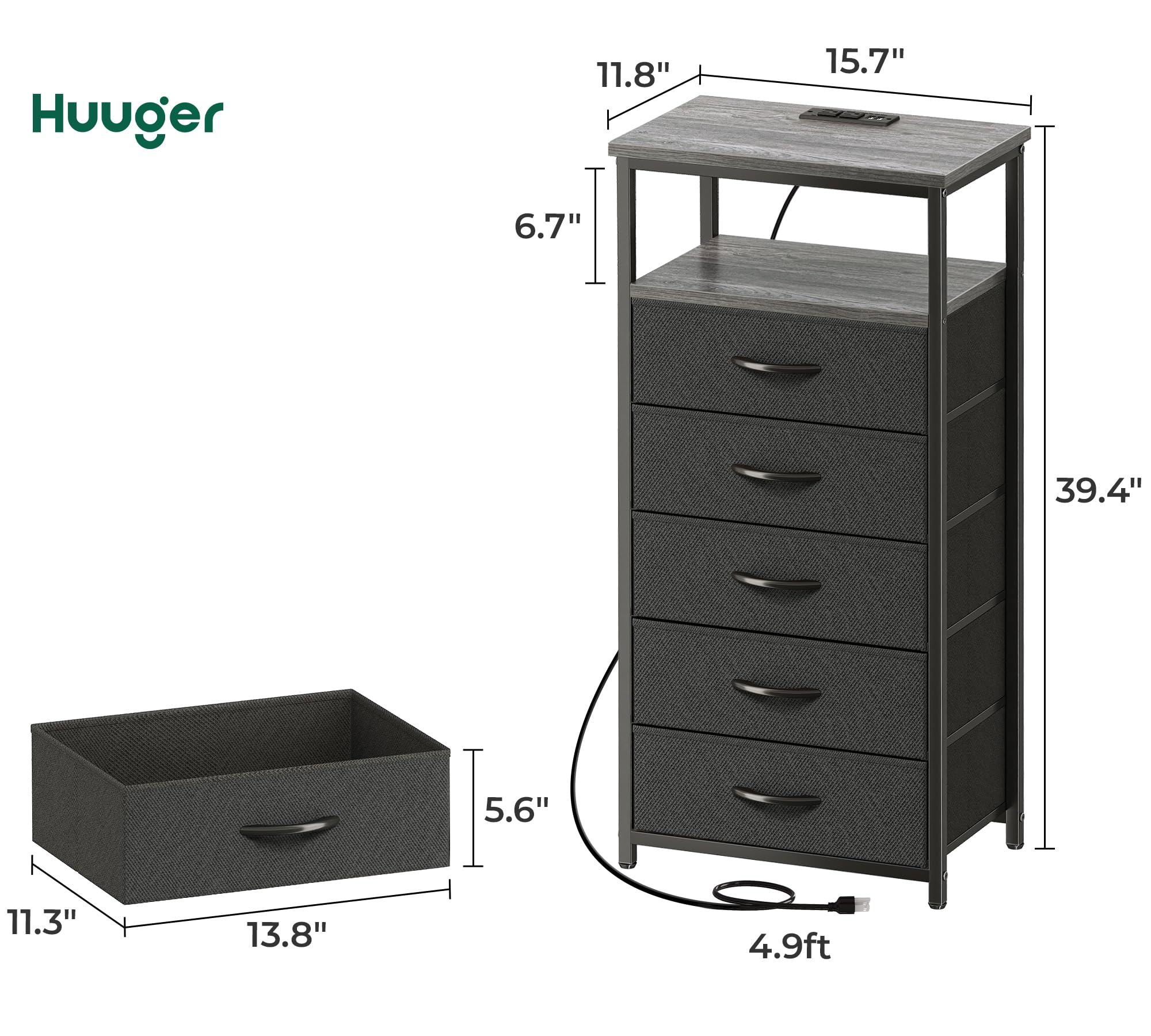 Huuger 5-Drawer Tall Dresser with USB Charging Station, Fabric Bedroom Chest of Drawers with Open Shelf - Gray Nightstand for Bedside Storage & Organization | Perfect for Small Spaces, Apartments & Dorm Rooms