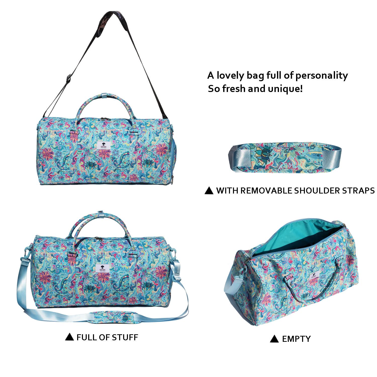 Waterproof Floral Duffle Bag - Gym, Beach & Travel Weekender Bag for Women & Men - Perfect for Workouts, Vacations & Daily Commute