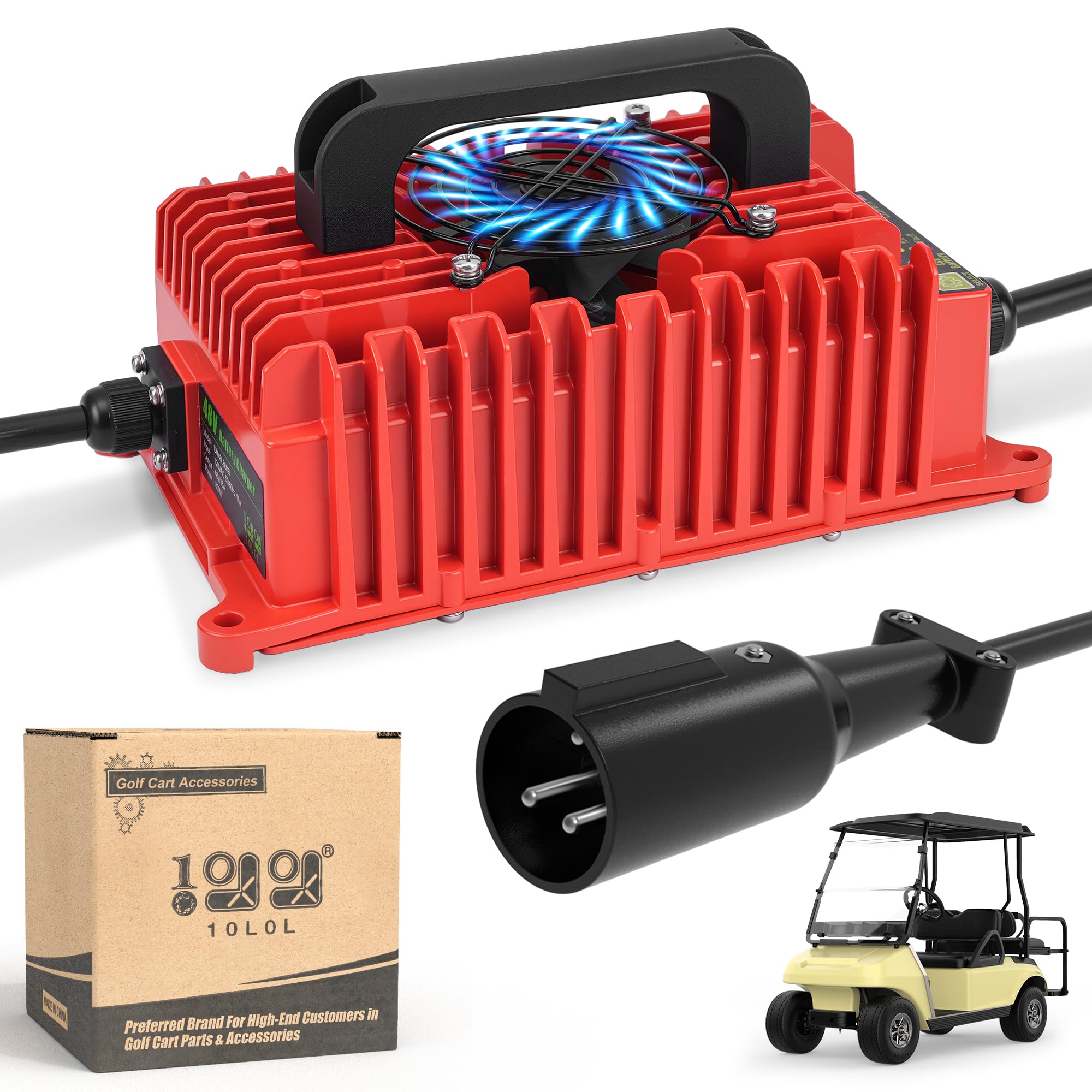 **48V Golf Cart Battery Charger 10L0L 15A with OBC Wire – Compatible with Club Car DS & Precedent, Bluetooth APP Control, IP67 Waterproof, Supports 3 Battery Types (Red) – Perfect for Golf Carts, Utility Vehicles & Off-Road Use**