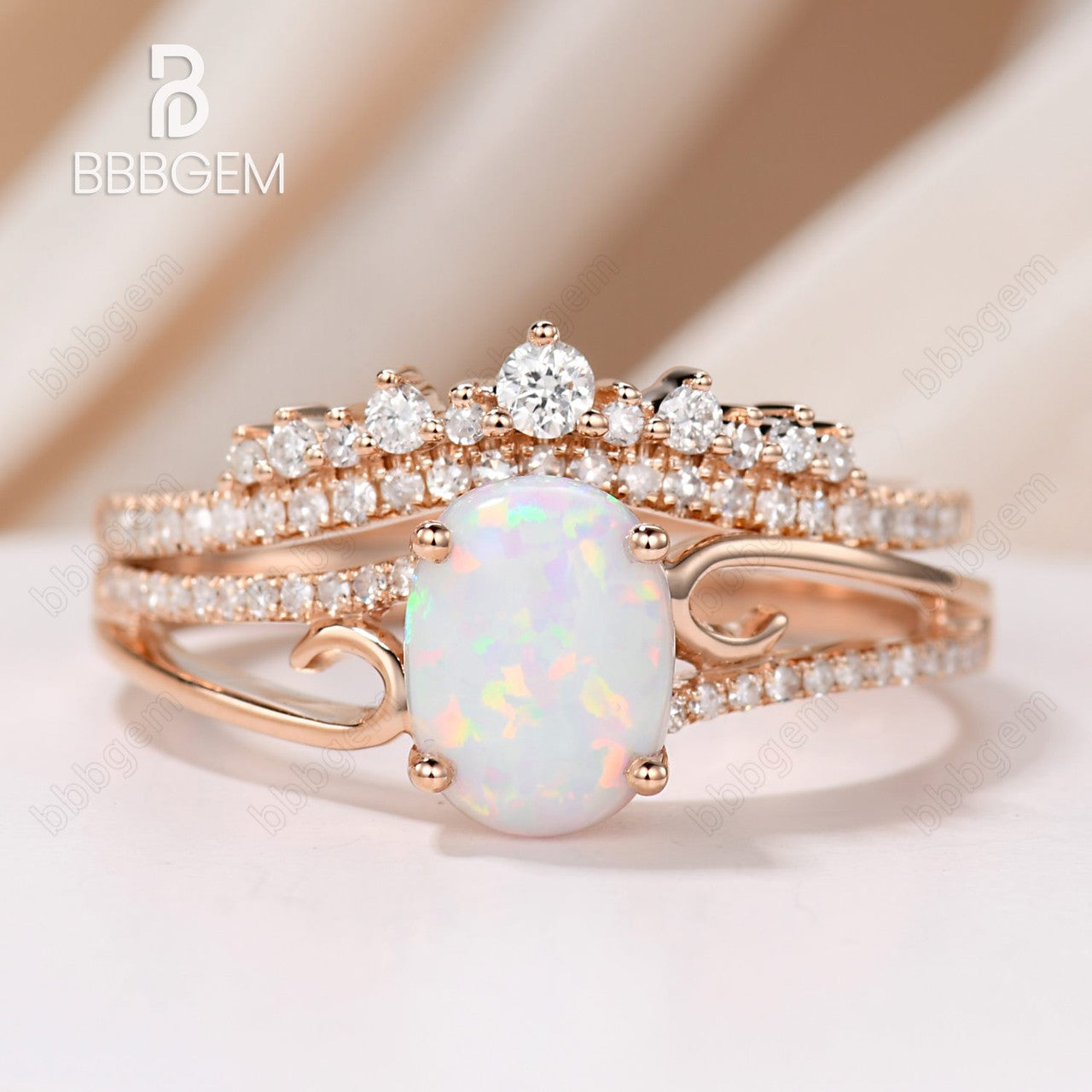Antique Rose Gold Oval Opal Engagement Ring Set with Diamond Wedding Band - Vintage Curved Design for Unique Bridal Jewelry, Perfect for Proposals, Weddings & Anniversaries