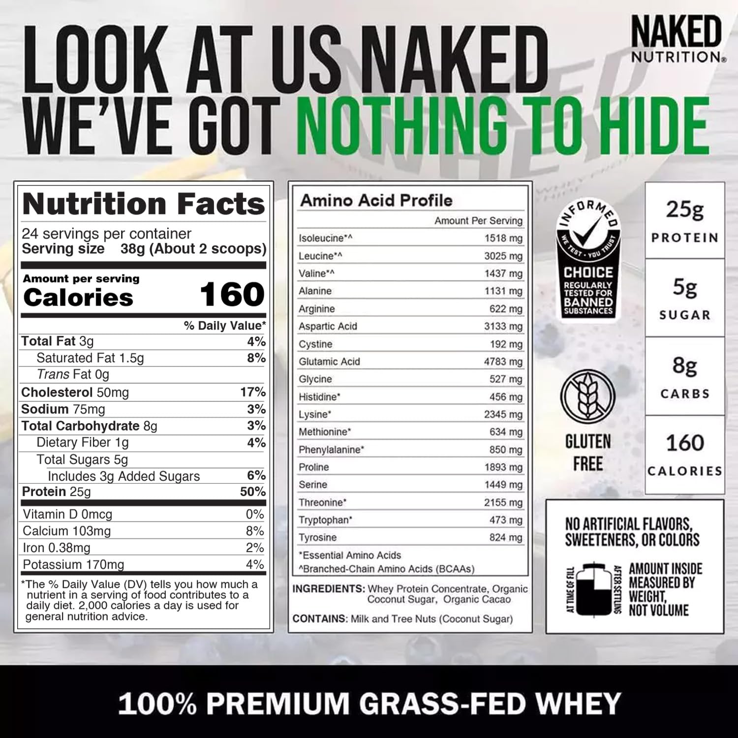Naked Whey Chocolate Protein Powder - Grass Fed, Organic, Non-GMO, Soy & Gluten Free - Only 3 Ingredients (Whey, Organic Chocolate, Coconut Sugar) - 24 Servings for Post-Workout Recovery & Healthy Smoothies