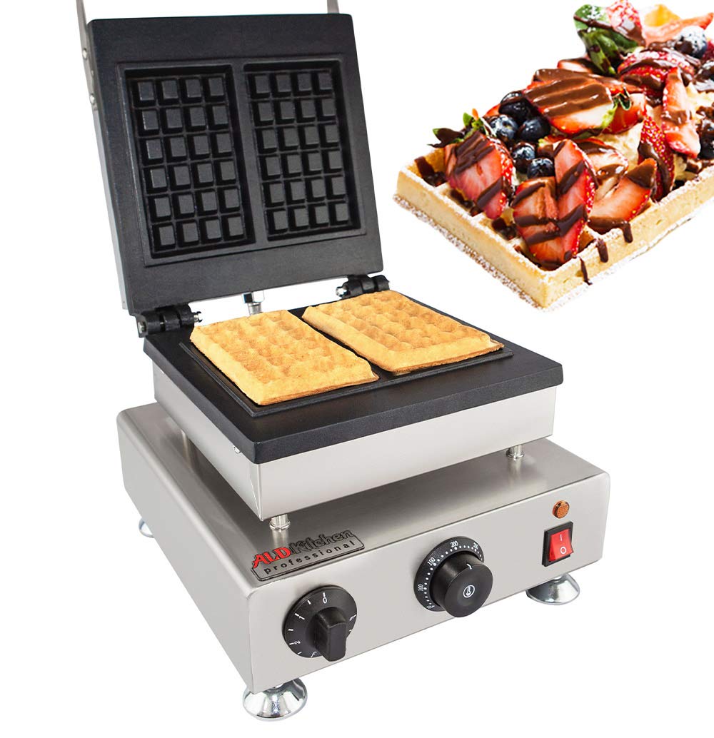 ALDKitchen Professional Belgian Waffle Maker - Stainless Steel Nonstick Press Type Waffle Iron, 110V (2 Rectangles) - Perfect for Breakfast, Brunch, Cafes & Restaurants
