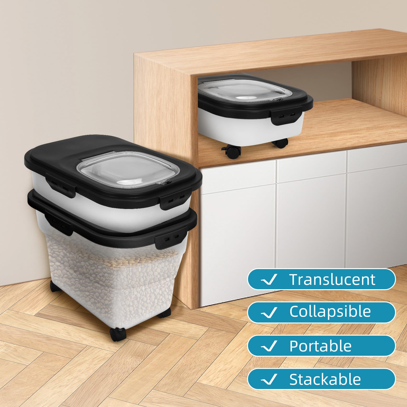 Collapsible Dog Food Storage Container with Wheels - 17-20 lb Airtight Pet Food Bin with Scoop & Measuring Cups - Perfect for Home, Travel & Outdoor Use