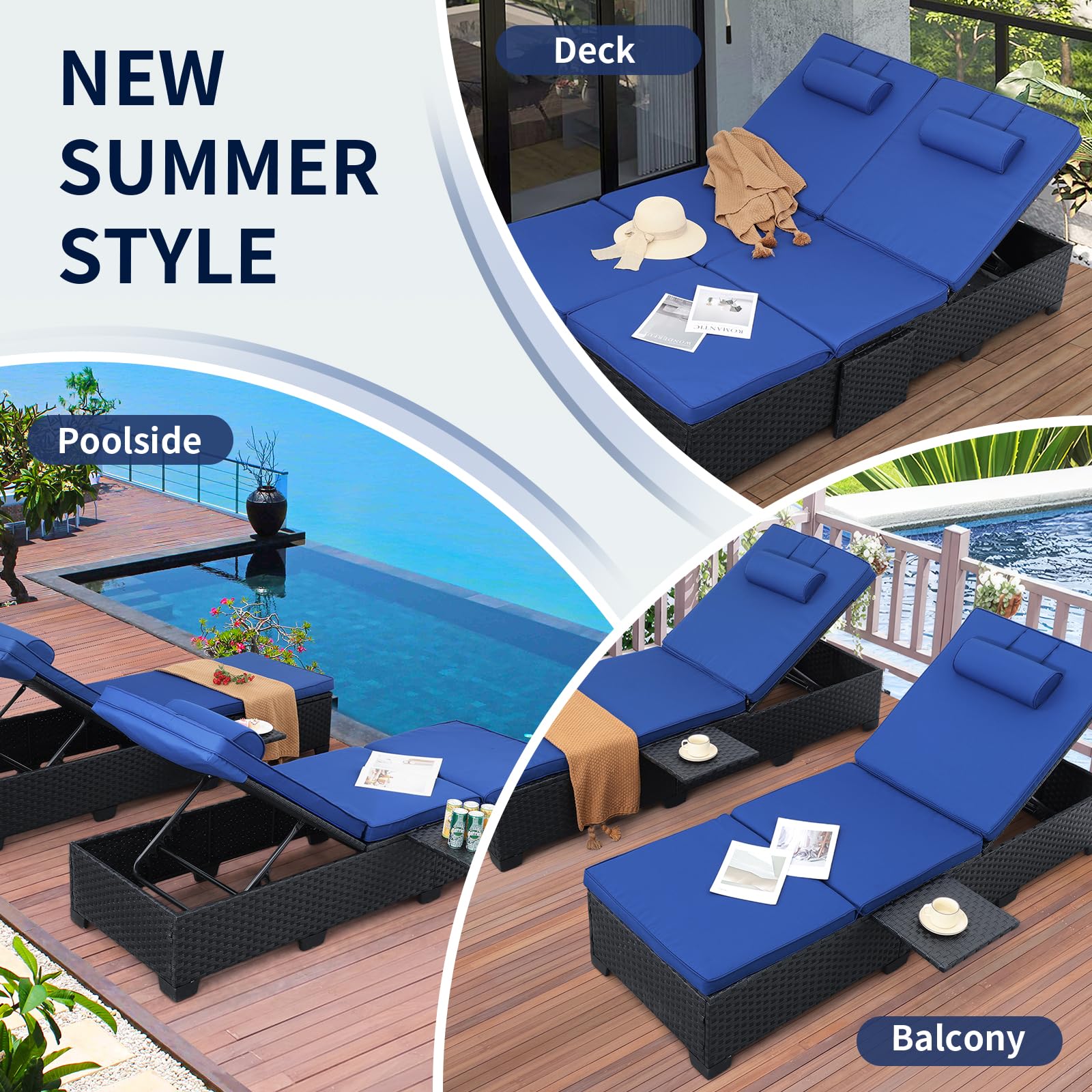 Premium WAROOM Outdoor Chaise Lounge Chairs Set of 2 - Black Wicker Rattan Reclining Pool Sunbathing Chairs with Adjustable Backrest & Royal Blue Cushions - Perfect for Patio, Garden, Poolside Relaxation and Backyard Lounging