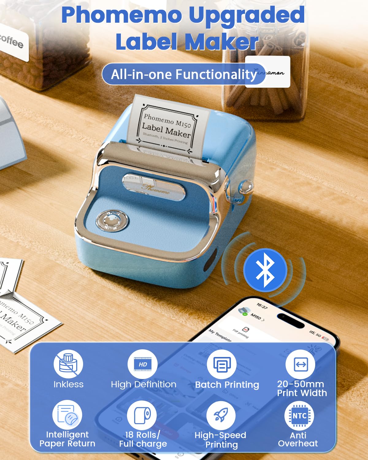 Phomemo M150 Bluetooth Label Maker Machine - 2 Inch Thermal Sticker Printer for Home & Office Organization, Small Business Inventory, Shipping Labels | 2025 Upgraded Model | iOS & Android Compatible | Includes 1 Pack 40x30mm Labels | Perfect for Pantry Organization, File Sorting & Package Labeling