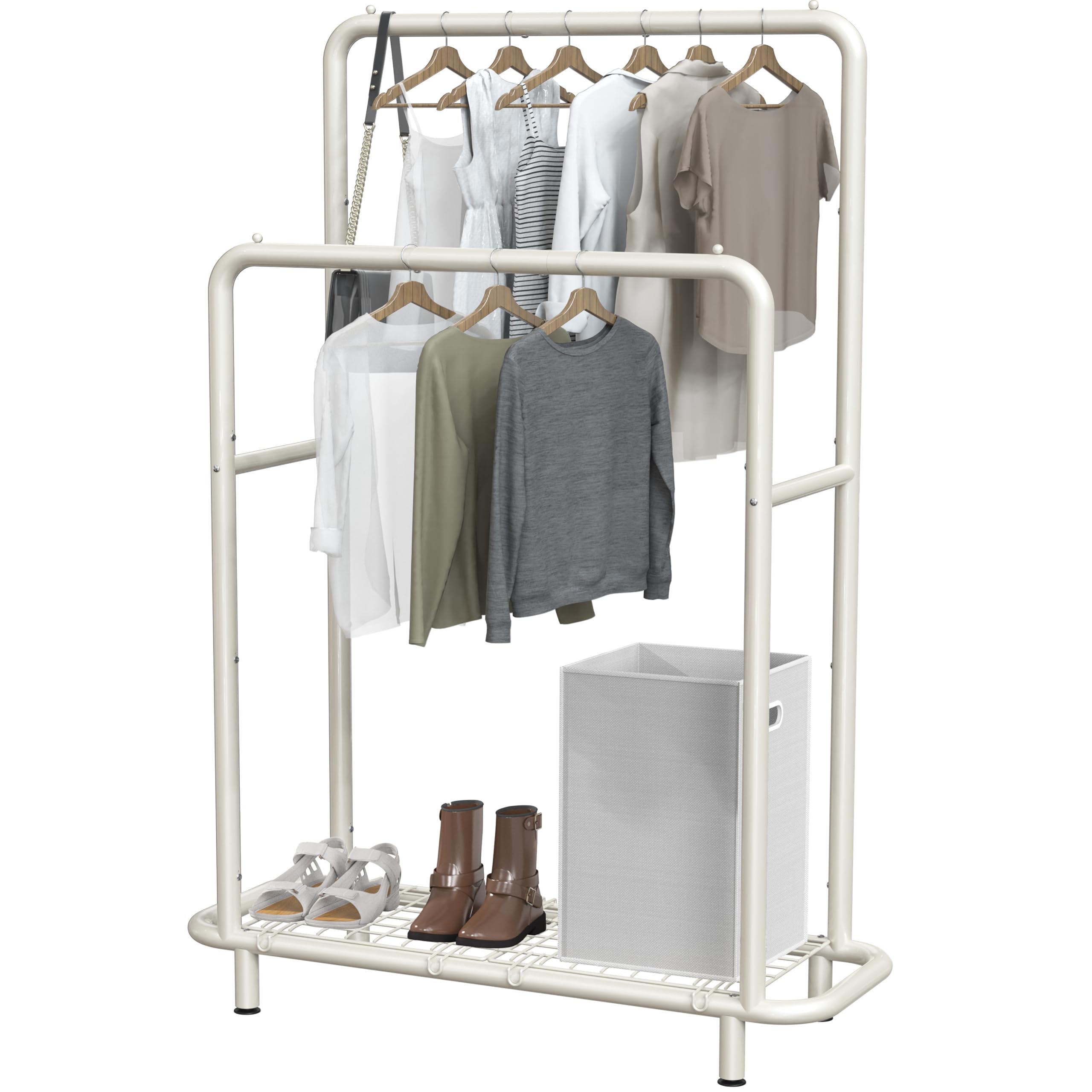 Simple Houseware Double Rod Clothing Garment Rack with Bottom Shelves - White | Space-Saving Closet Organizer for Bedroom, Laundry Room & Dorm Storage