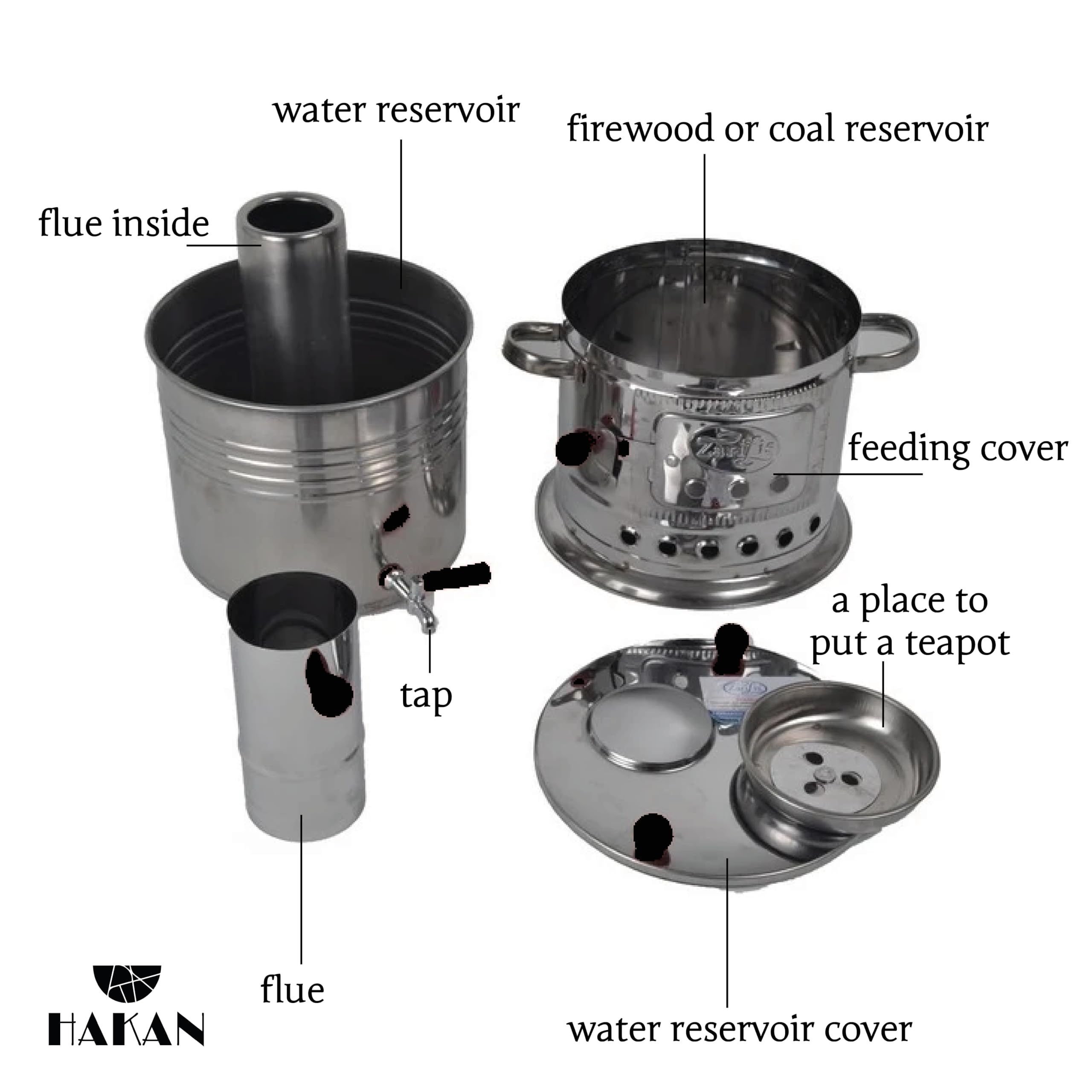 **Hakan Portable Turkish Samovar Tea Kettle – 4L (135.2 oz) Wood & Coal Fired Semaver Teapot for Camping, Picnic, Hunting & Outdoor Adventures – Black Handles – Perfect for Backpacking, Hiking & Off-Grid Living**